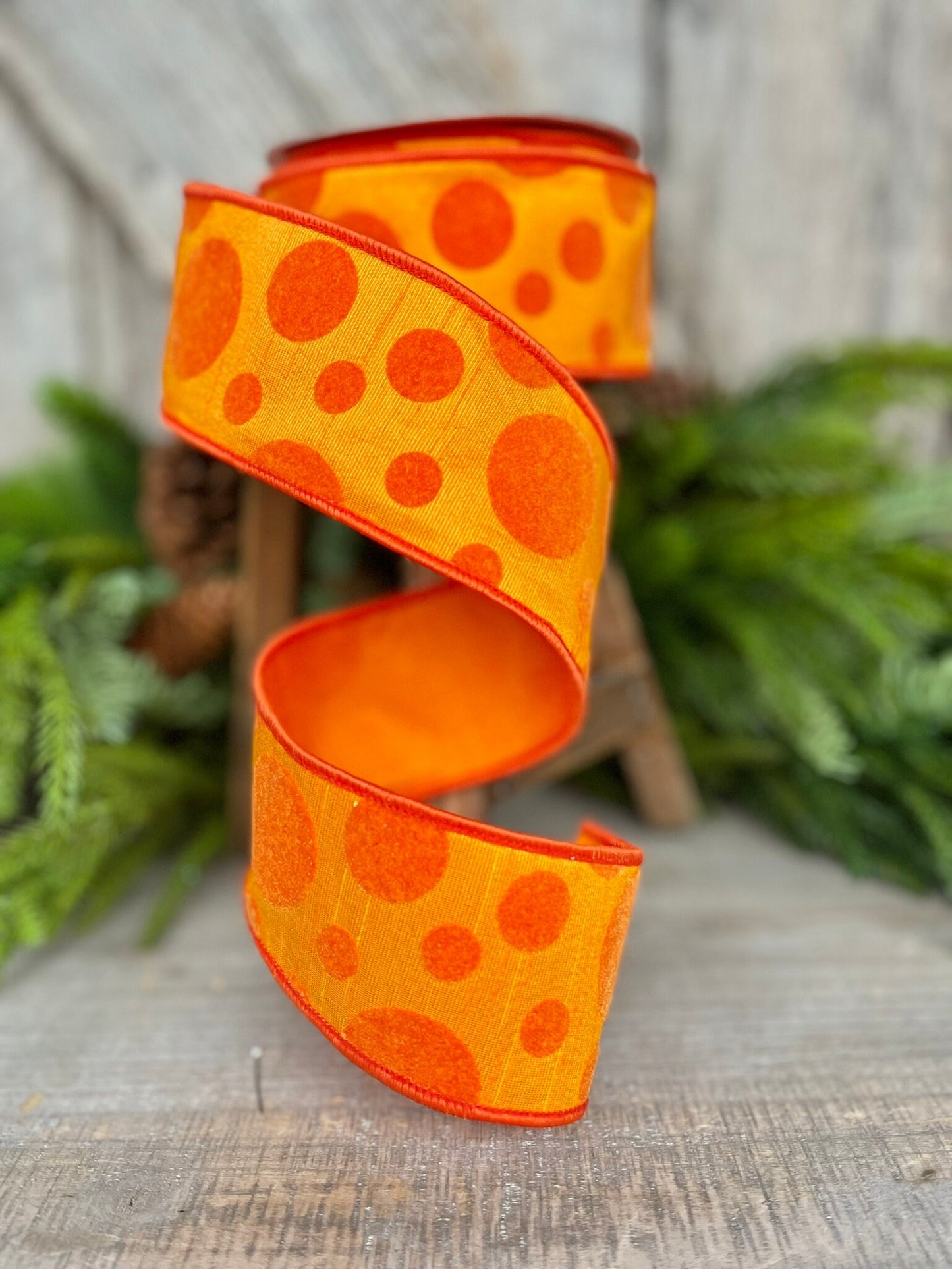 2.5" Orange Retro Dot, Farrisilk Ribbon, Flocked Ribbon