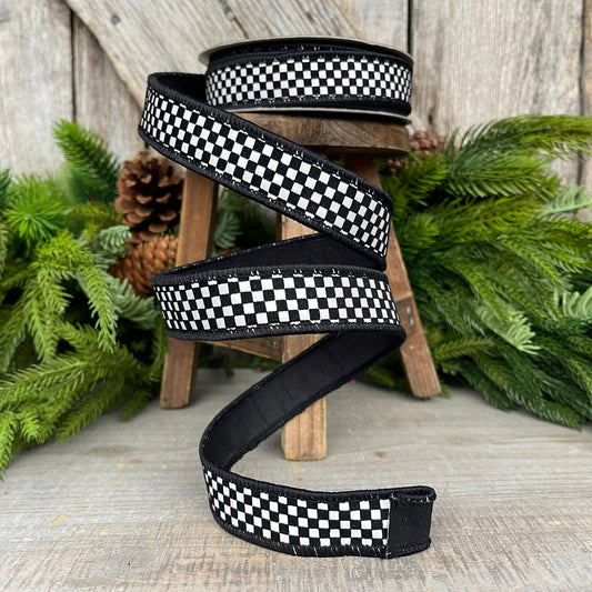 1" Black White Mini Checkered Ribbon, Farrisilk Ribbon, Check Ribbon