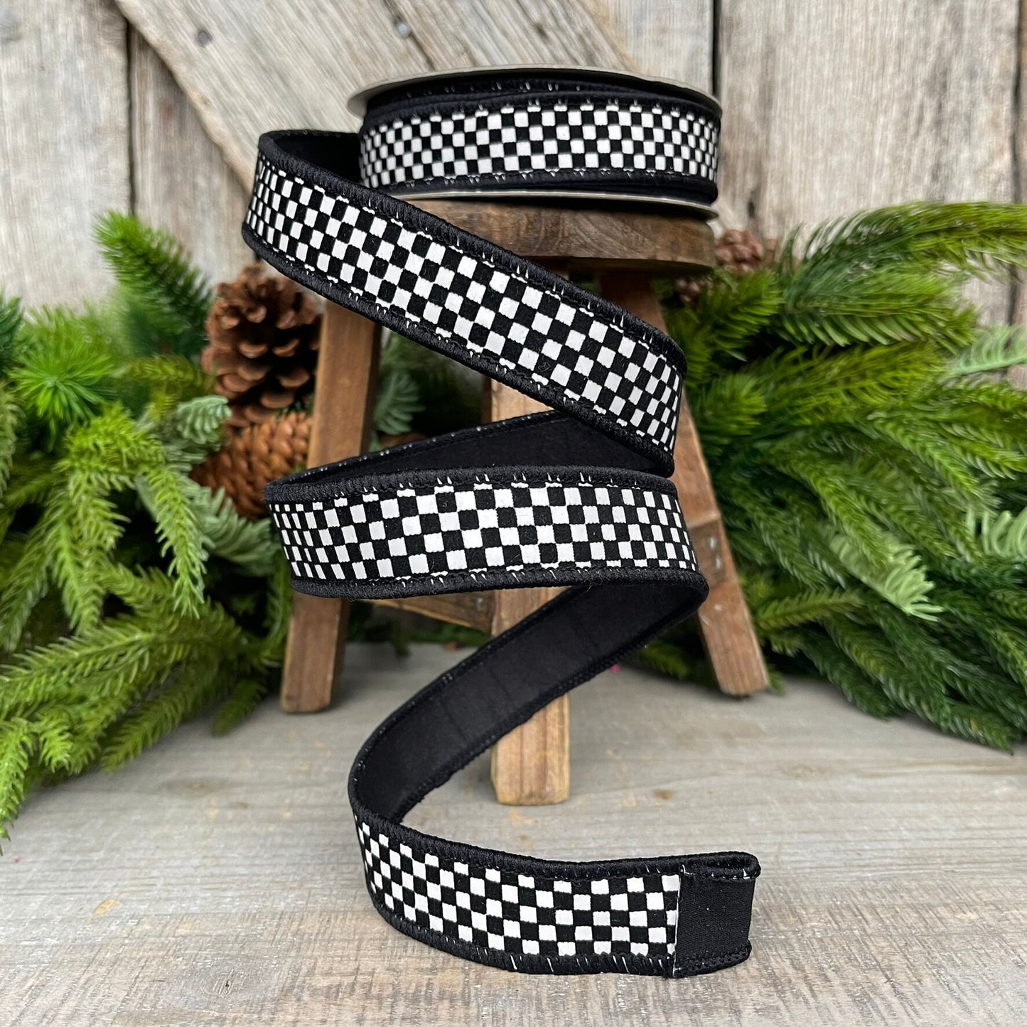 1" Black White Mini Checkered Ribbon, Farrisilk Ribbon