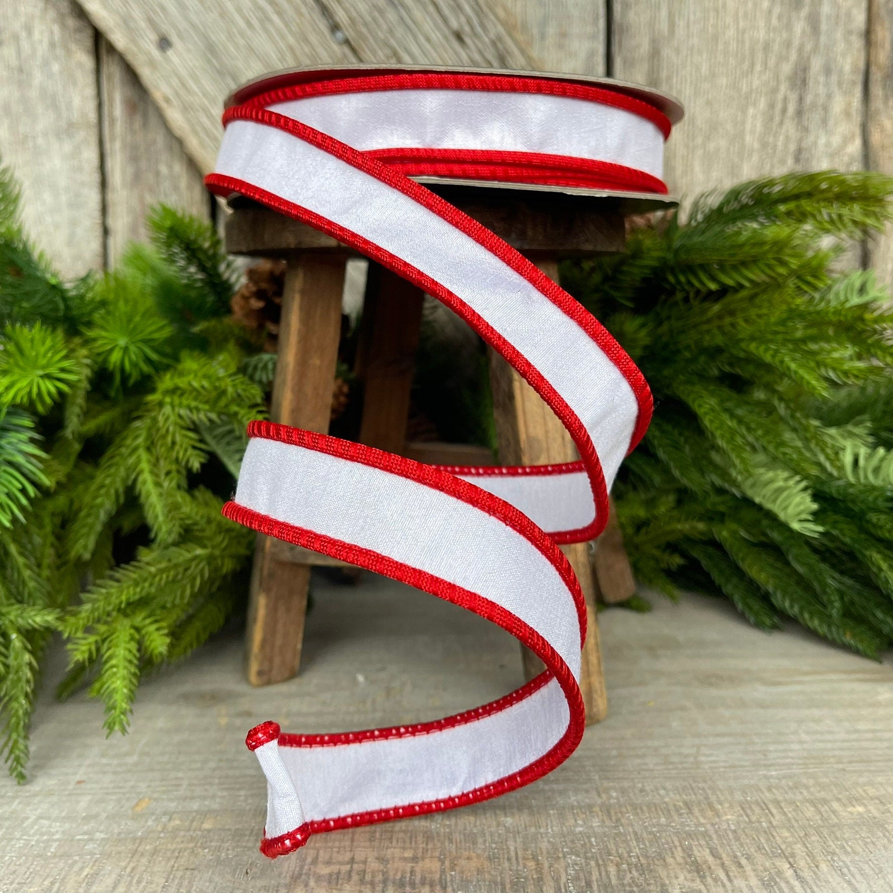 1" Red White Corded Ribbon, Farrisilk Ribbon, Christmas Ribbon