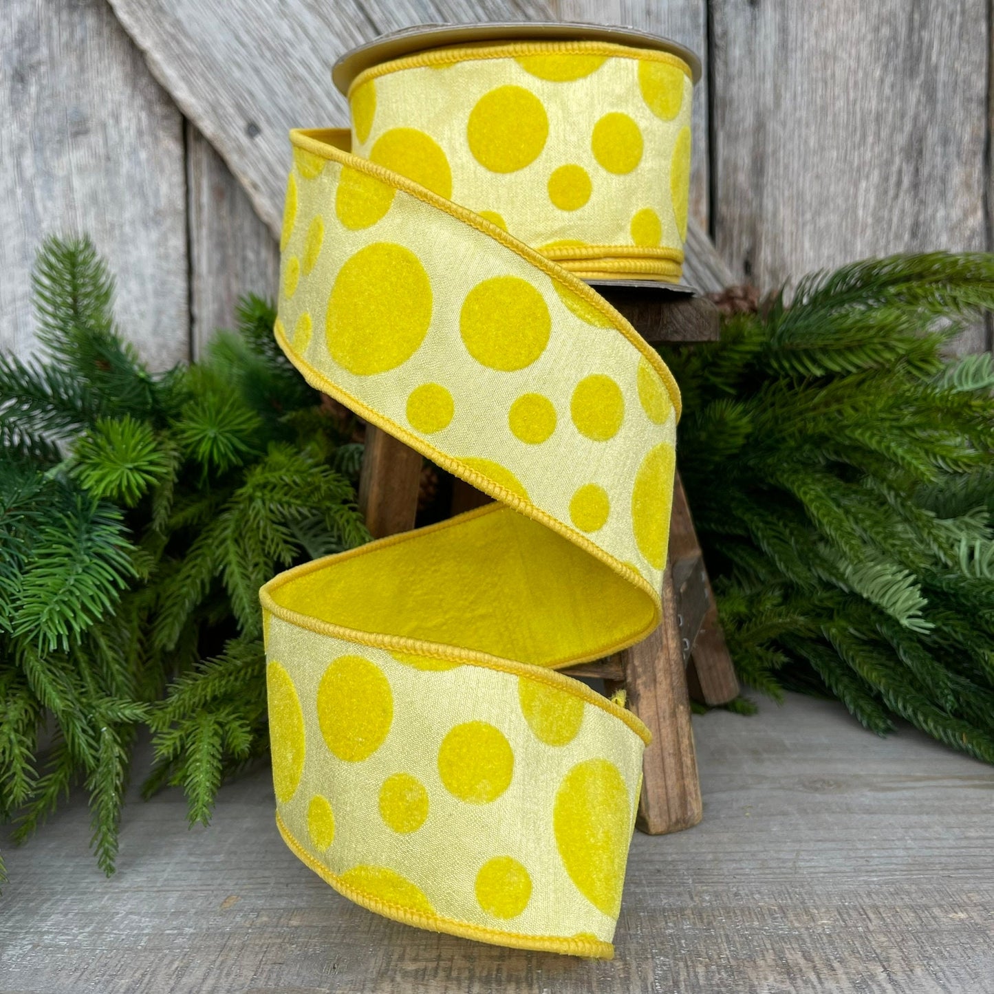 2.5" Yellow Retro Dot, Farrisilk Ribbon, Flocked Ribbon,Spring Summer Ribbon,Wired RIbbon,Designer Ribbon