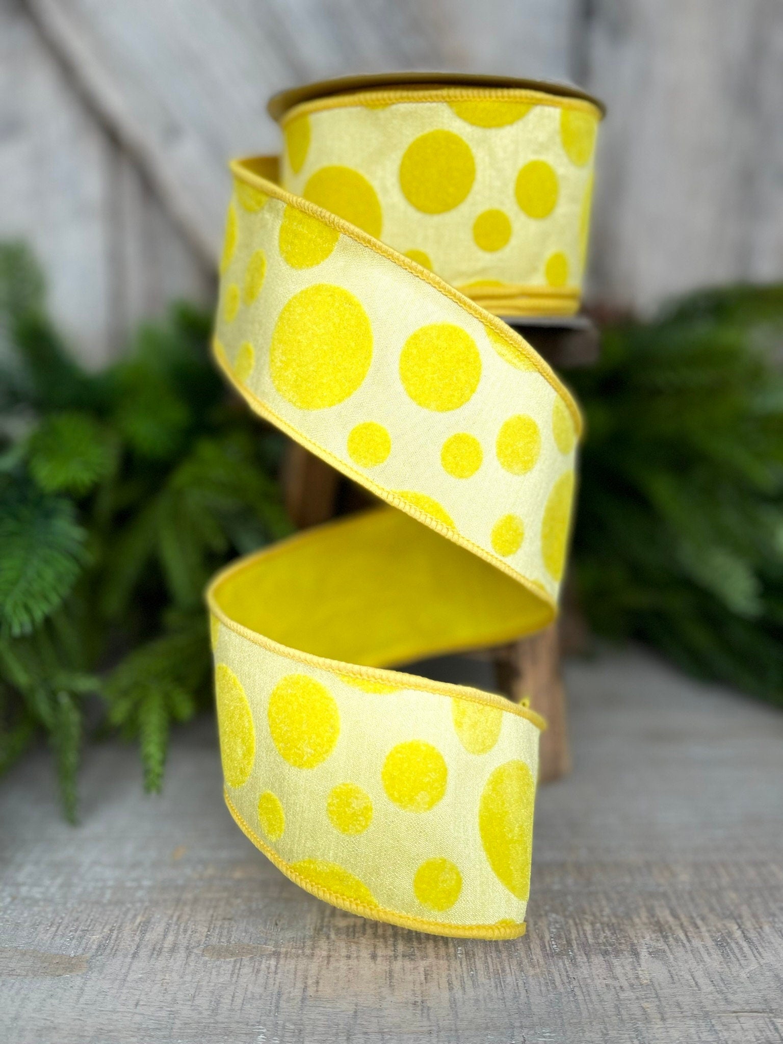 2.5" Yellow Retro Dot, Farrisilk Ribbon, Flocked Ribbon,Spring Summer Ribbon,Wired RIbbon,Designer Ribbon