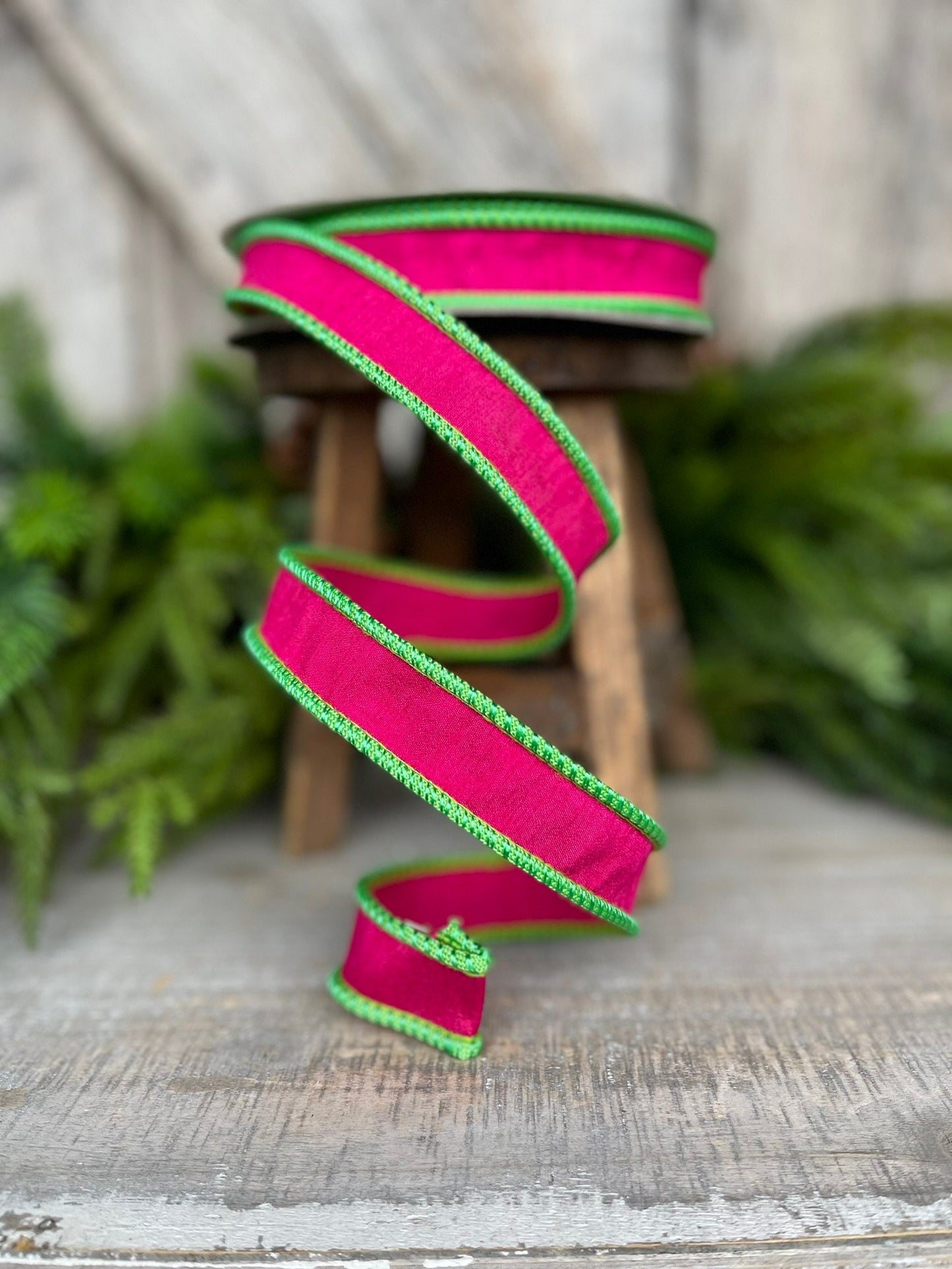 1" Hot Pink Lime Green Cord Ribbon, Farrisilk Ribbon, Hot Pink Ribbon