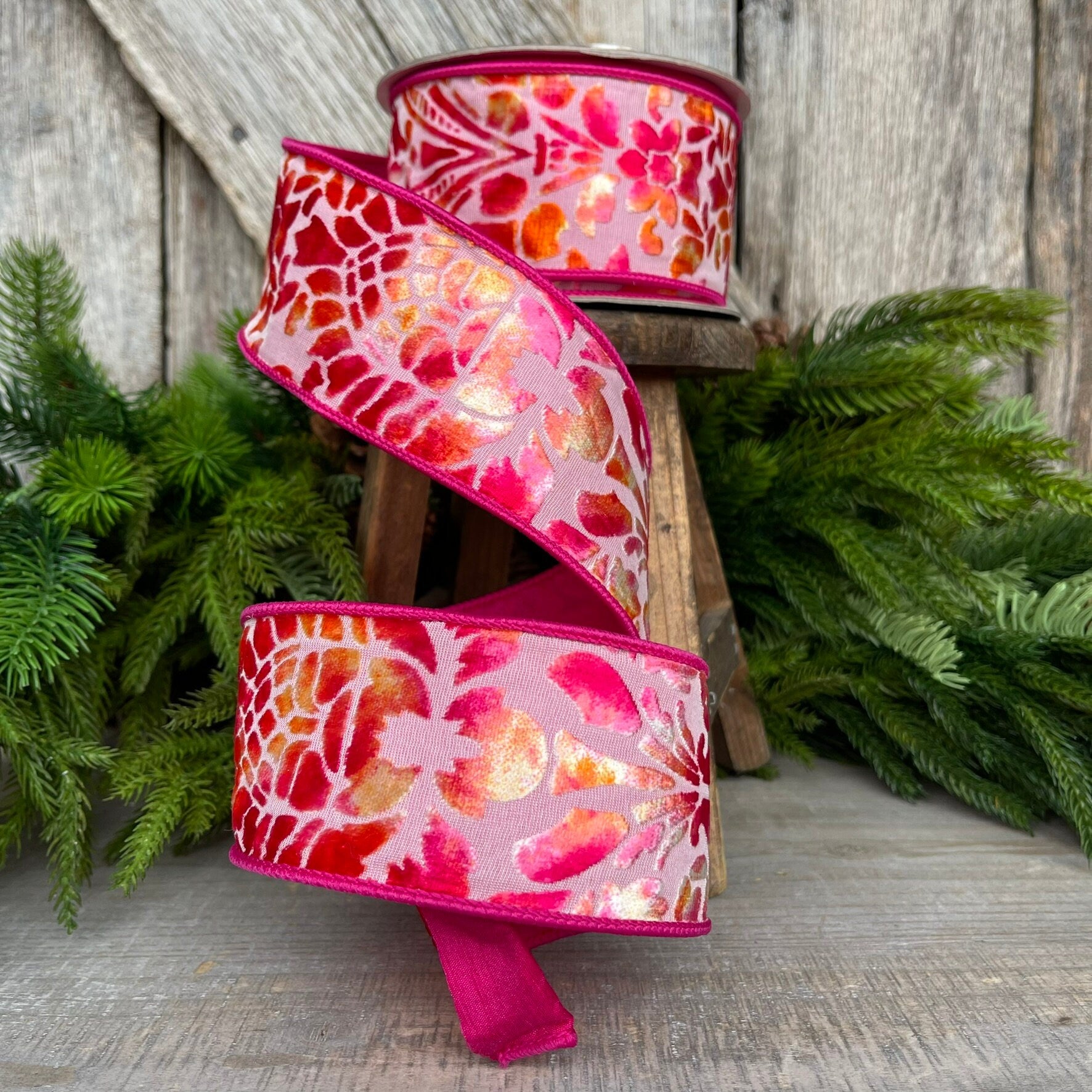 2.5" Pink Orange Velvet Ribbon,Farrisilk Ribbon,Far Out Floral Ribbon, Groovy Ribbon