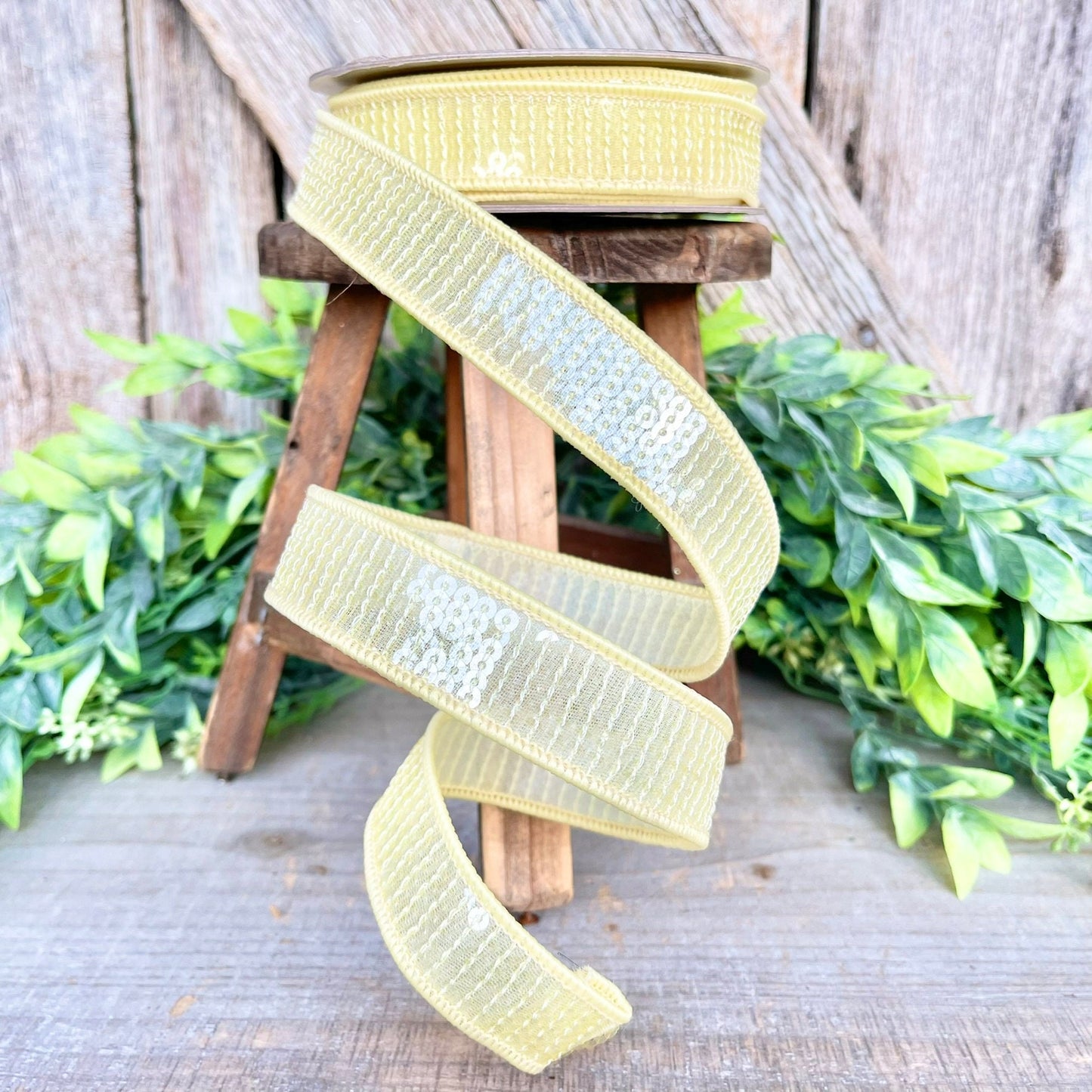 1" Yellow Sequin Ribbon, Farrisilk Ribbon, Pastel Glitz RIbbon