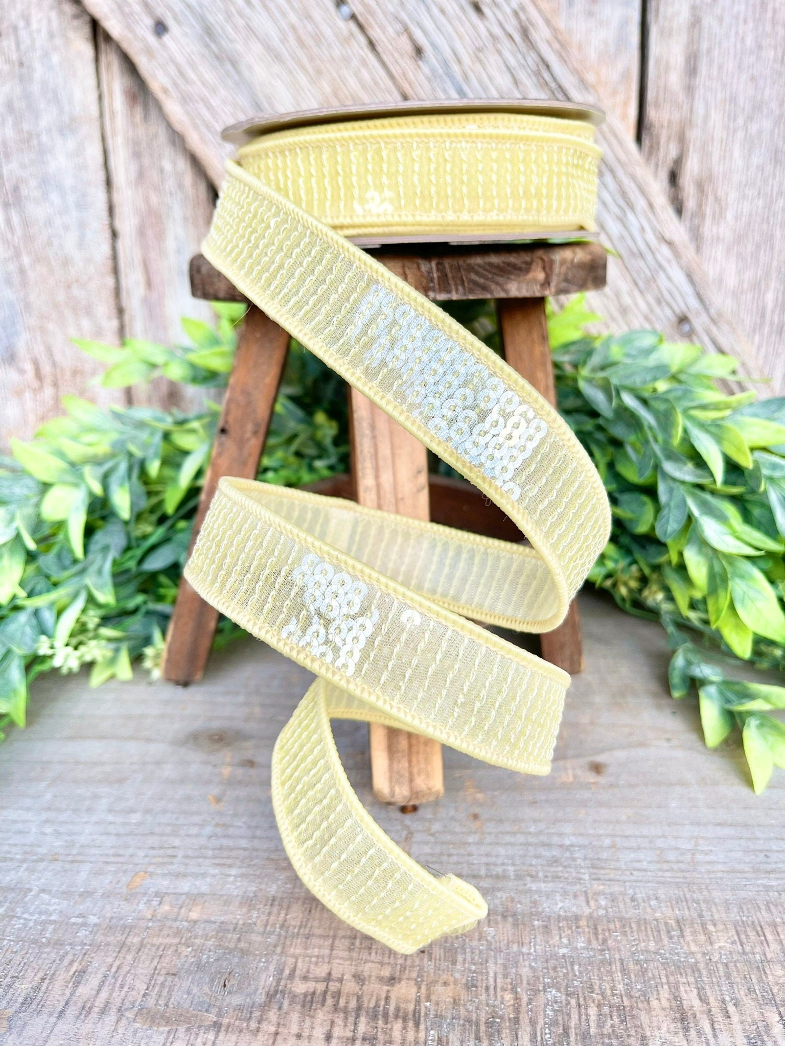 1" Yellow Sequin Ribbon, Farrisilk Ribbon, Pastel Glitz RIbbon