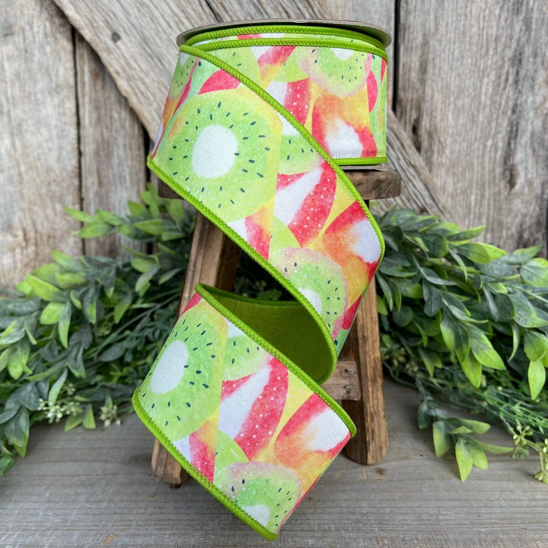 2.5" Strawberry Kiwi Ribbon, Farrisilk Ribbon, Spring Summer Ribbon