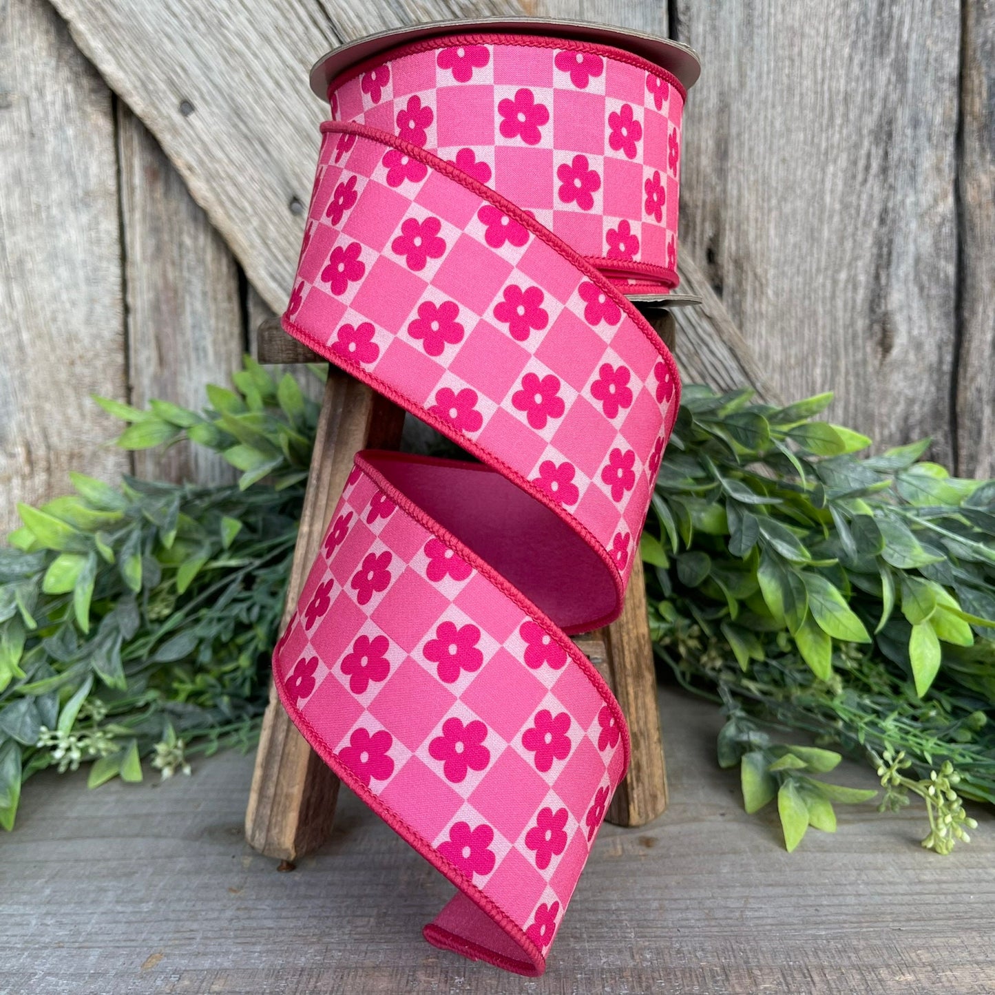 2.5" Pink Retro Daisy Checks Ribbon, Farrisilk Ribbon, Spring Ribbon