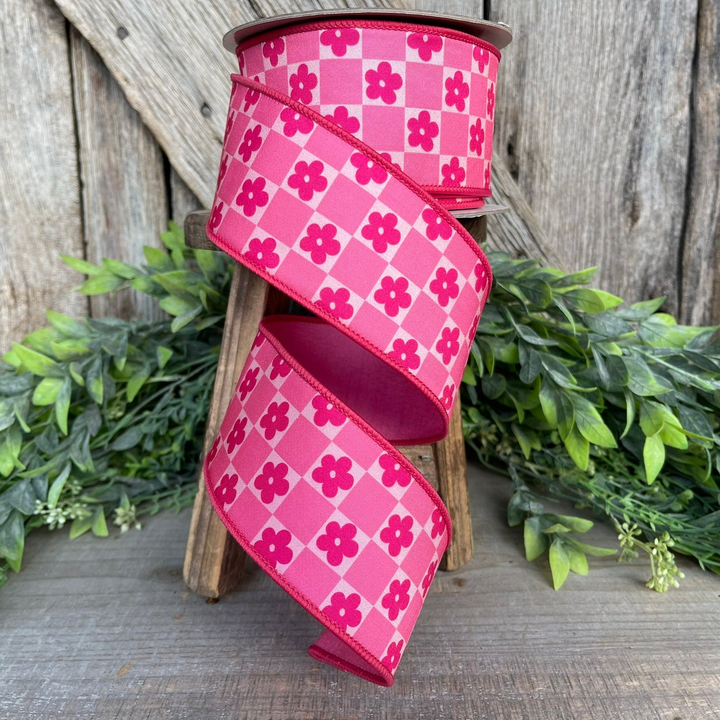 2.5" Pink Retro Daisy Checks Ribbon, Farrisilk Ribbon, Spring Ribbon