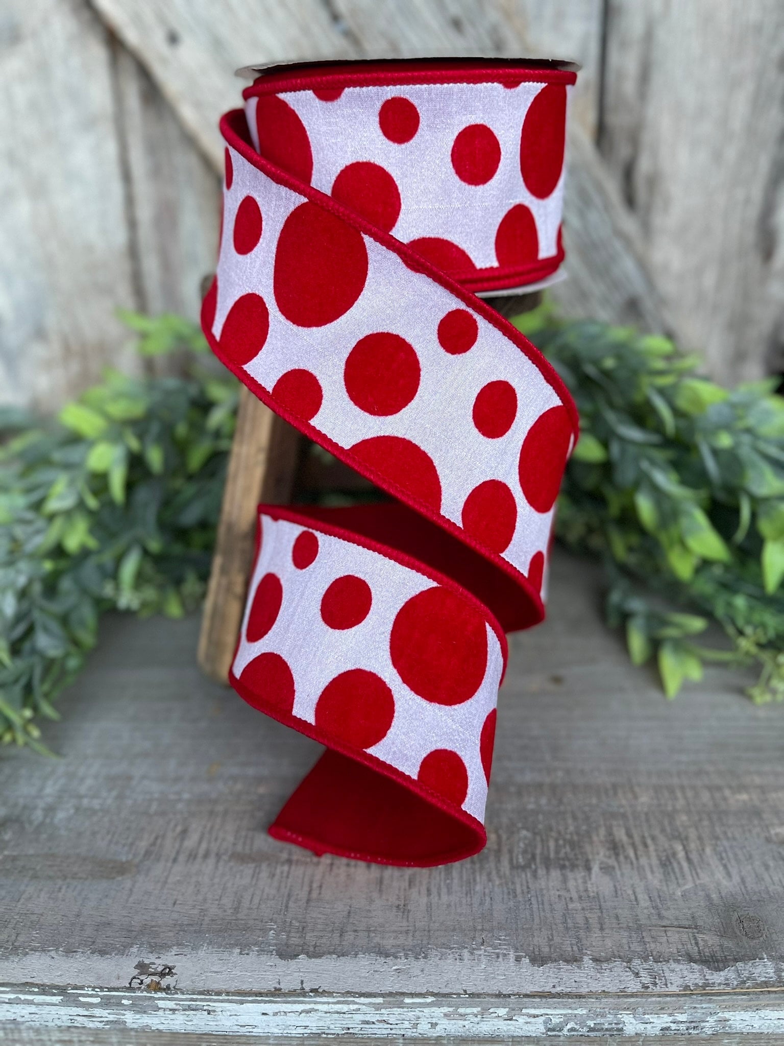 2.5" Red White Retro Dot, Farrisilk Ribbon, Flocked Ribbon