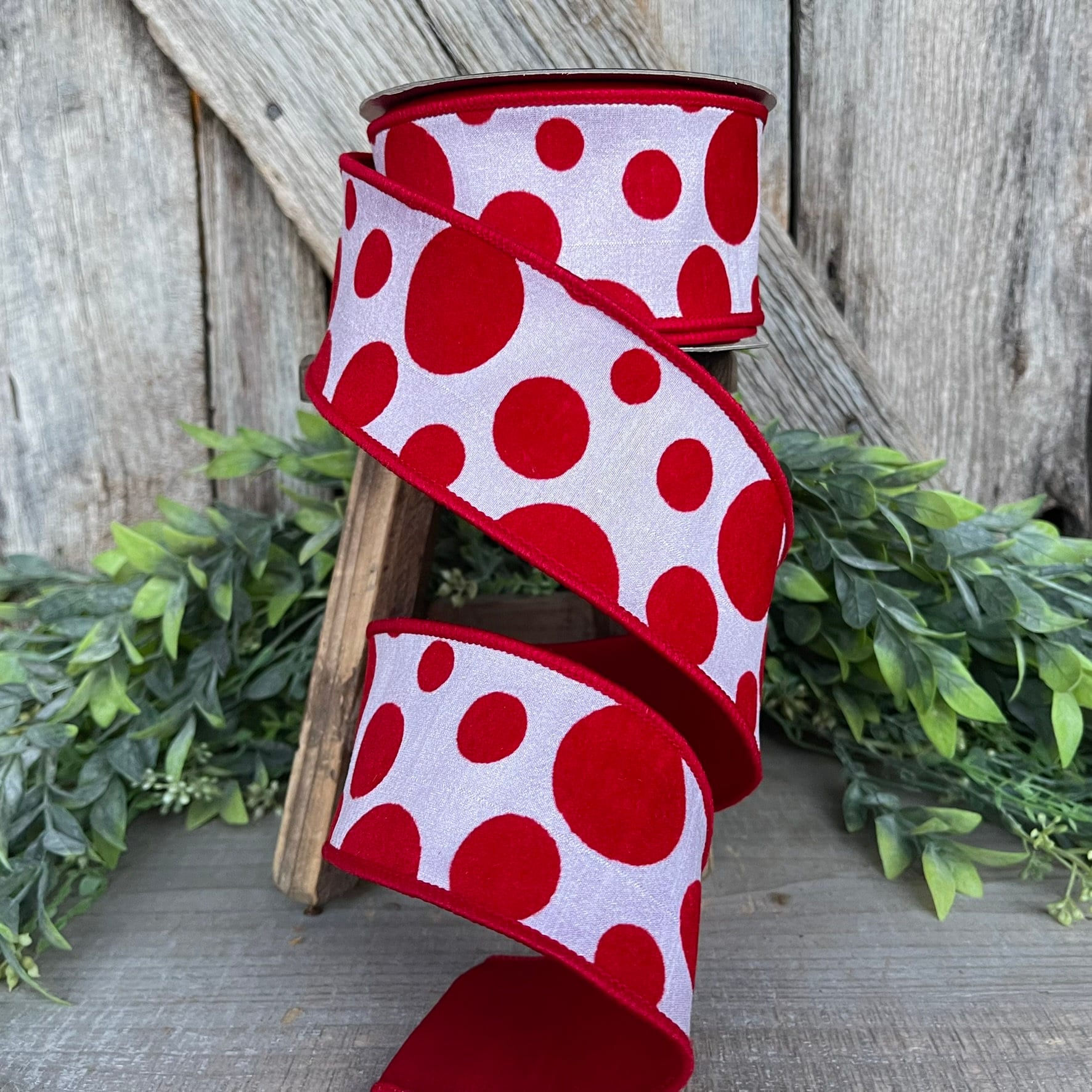 2.5" Red White Retro Dot, Farrisilk Ribbon, Flocked Ribbon