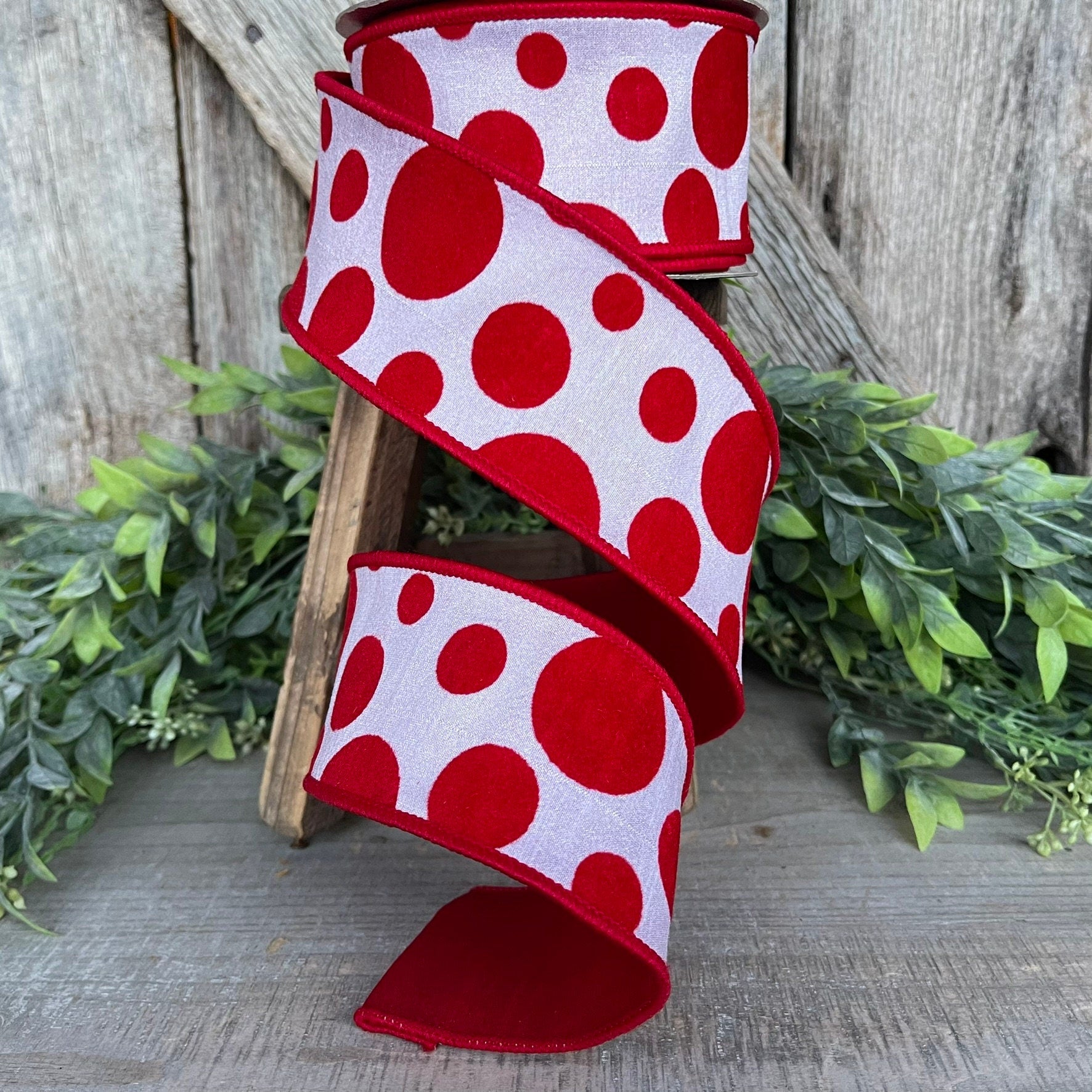 2.5" Red White Retro Dot, Farrisilk Ribbon, Flocked Ribbon