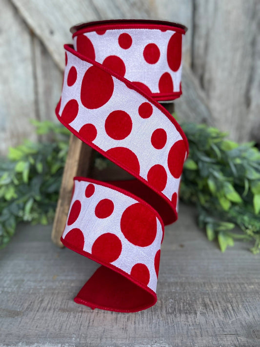 2.5" Red White Retro Dot, Farrisilk Ribbon, Flocked Ribbon