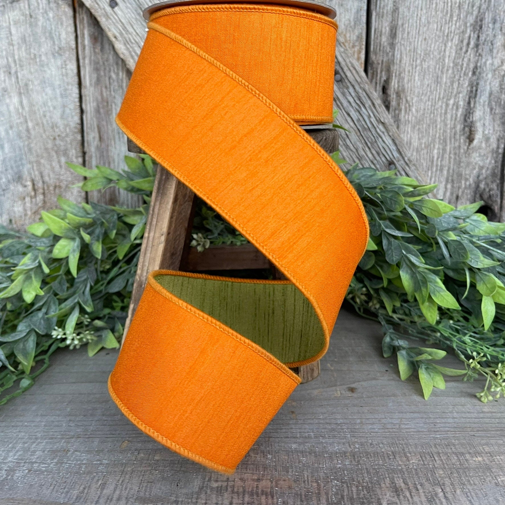 2.5” Orange Green Ribbon, Farrisilk ribbon, wired ribbon