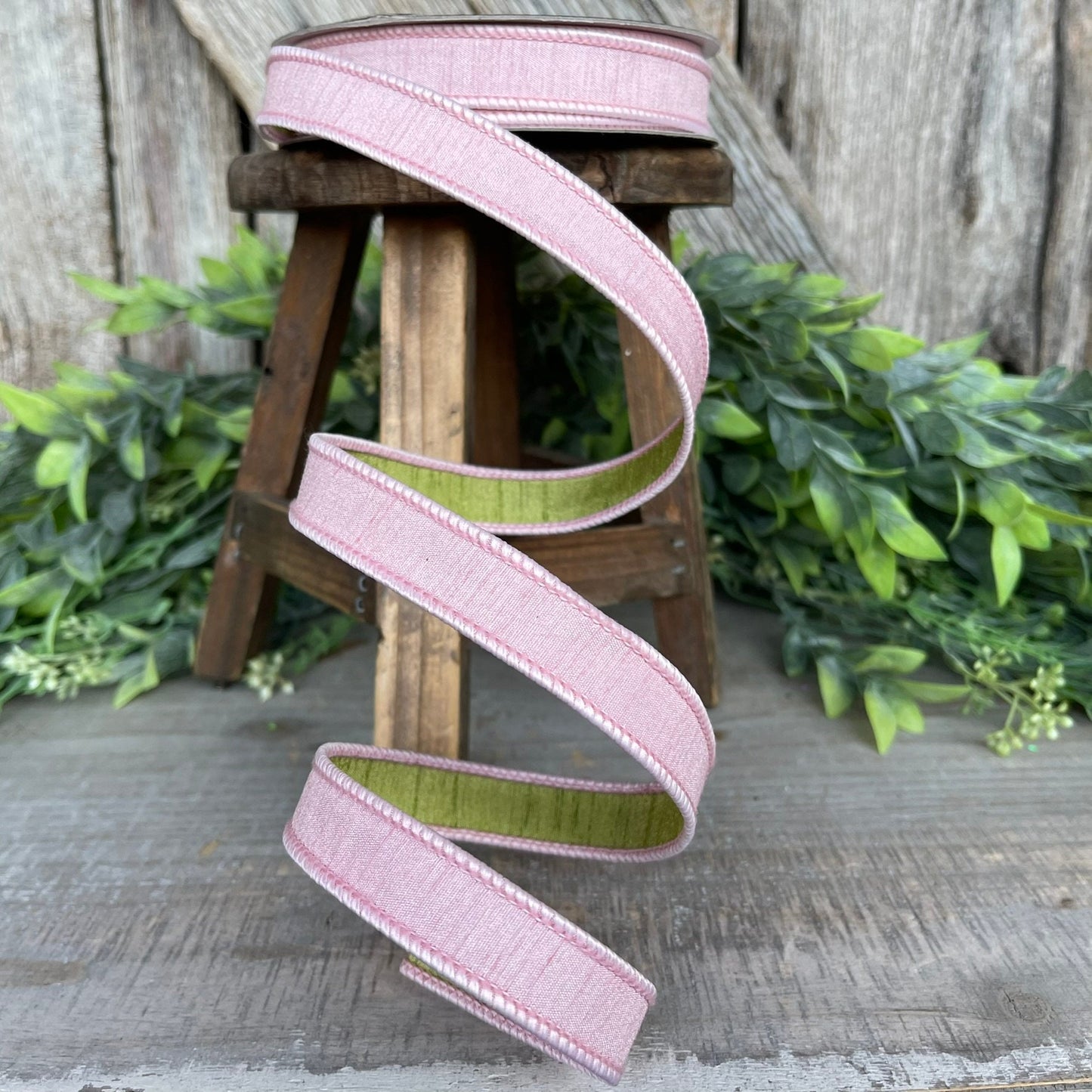 3/4" Rose Pink Spring Greenery Ribbon,Farrisilk Ribbon, Light Pink Green Ribbon, Spring Summer Ribbon Wired Ribbon