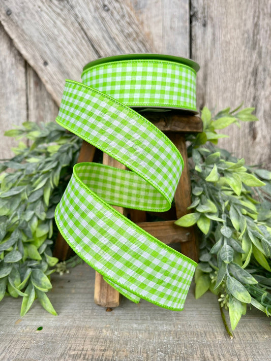 1.5" Lime Green Gingham Ribbon, Farrisilk Ribbon