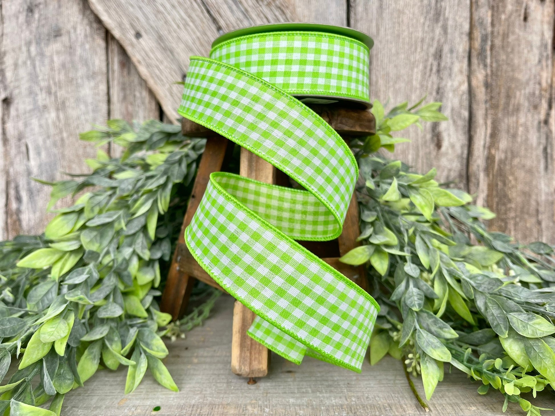 1.5" Lime Green Gingham Ribbon, Farrisilk Ribbon, Lime Green Micro Checks Ribbon