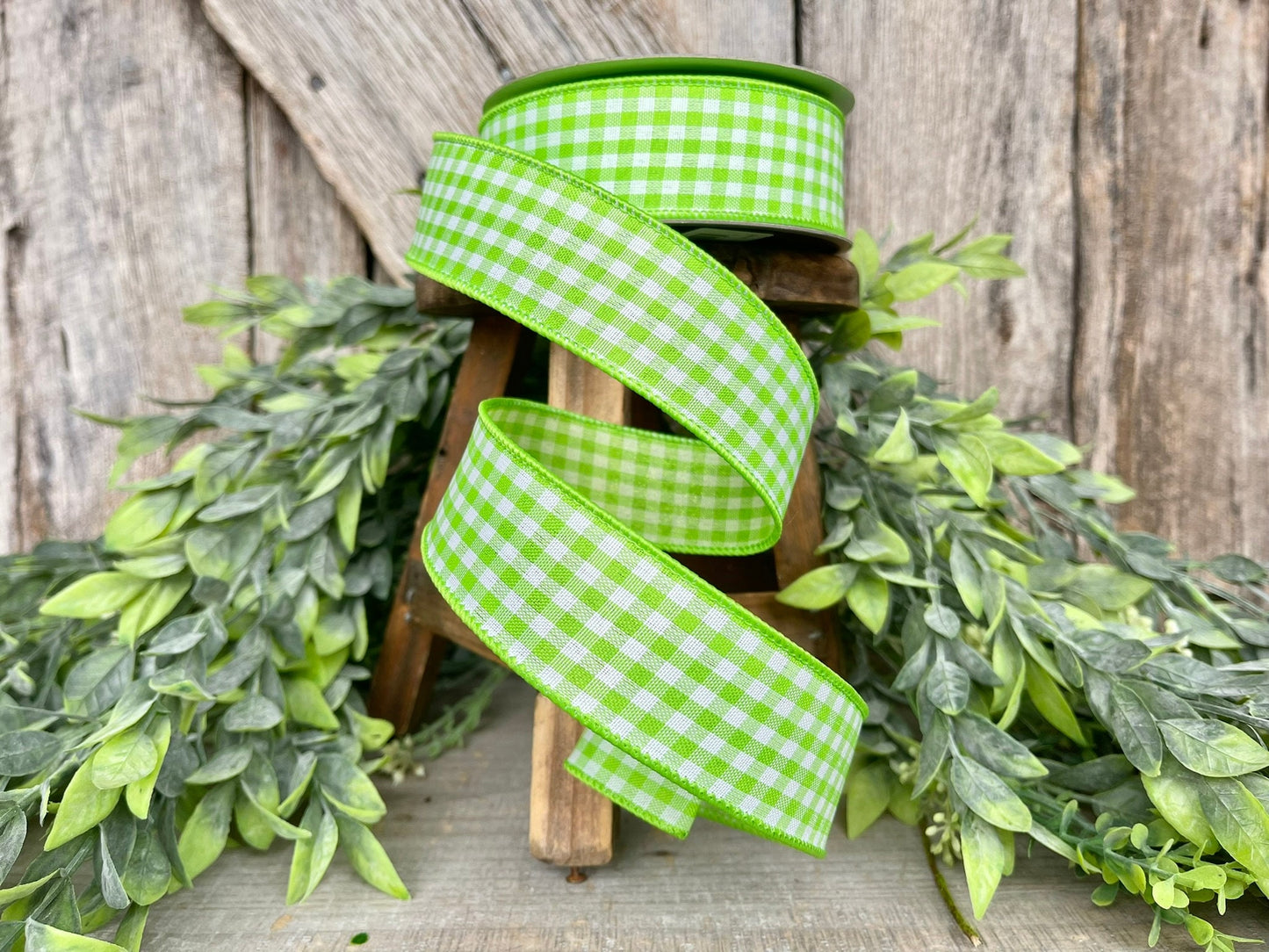 1.5" Lime Green Gingham Ribbon, Farrisilk Ribbon, Lime Green Micro Checks Ribbon