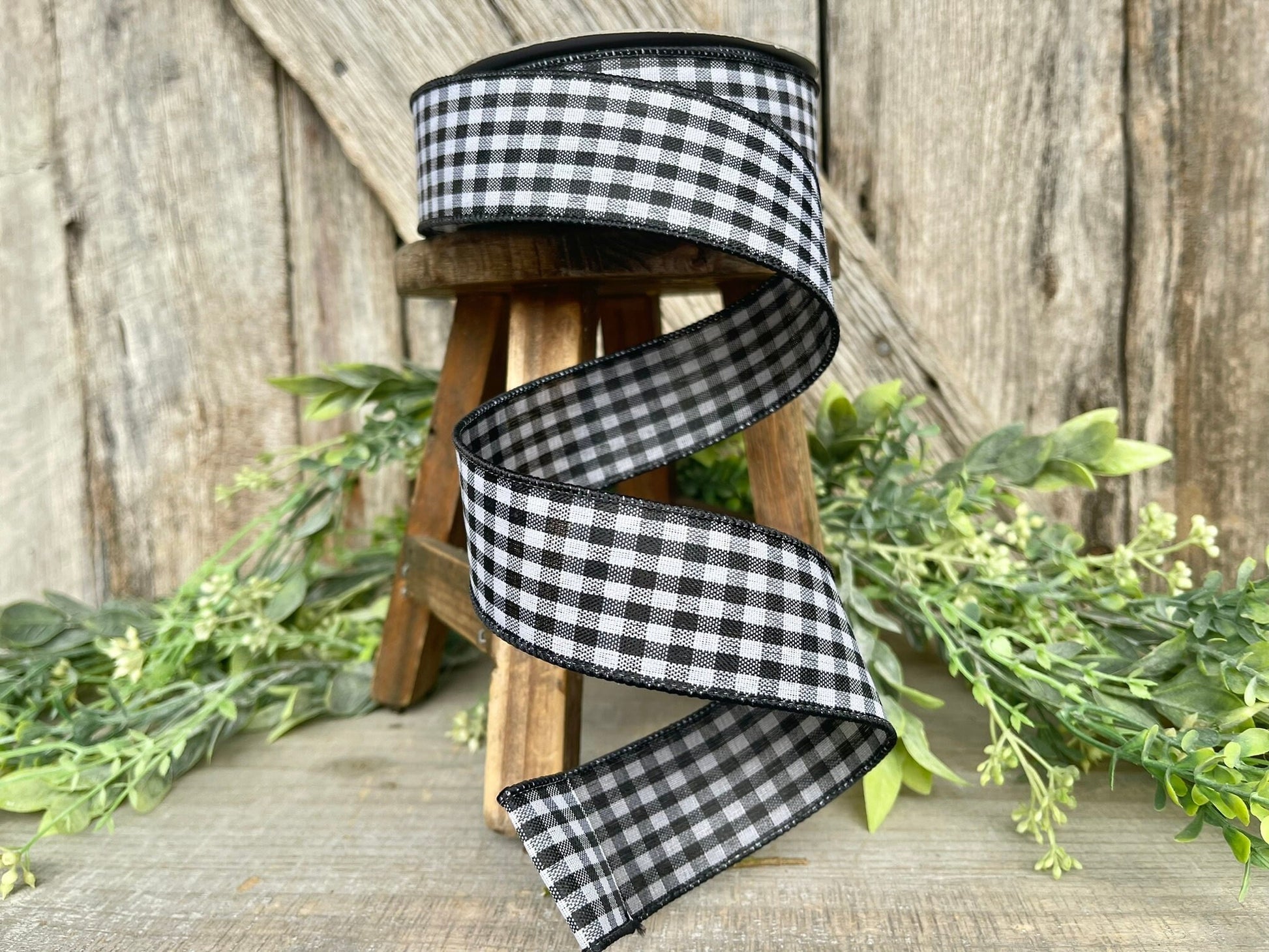 1.5" Black White Gingham Ribbon, Farrisilk Ribbon, Black Micro Checks Ribbon