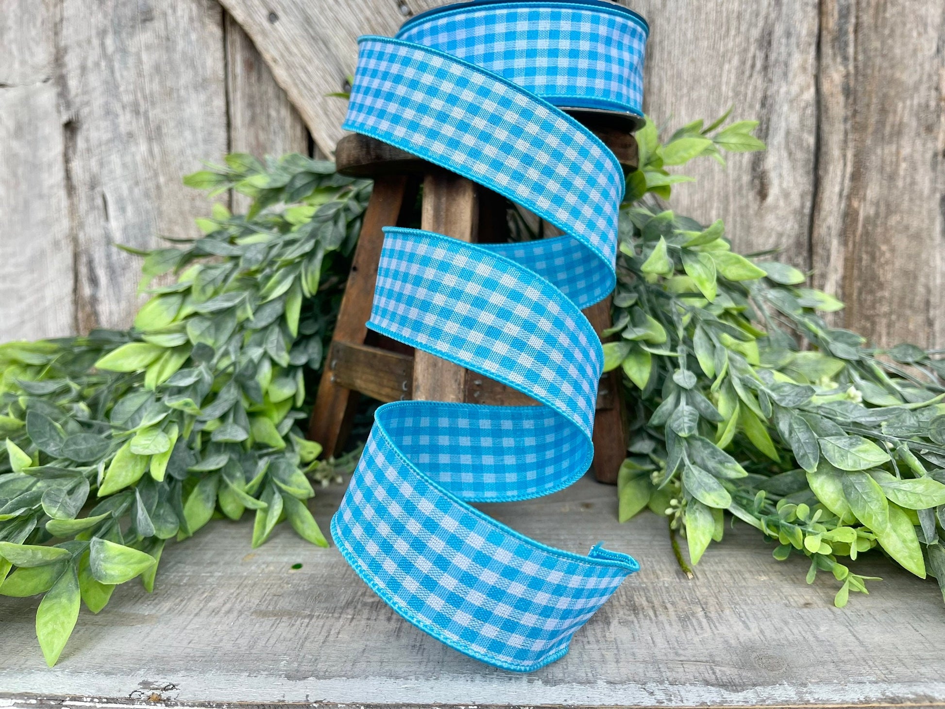 1.5" Turquoise Blue Gingham Ribbon, Farrisilk Ribbon, Turquoise Micro Checks Ribbon