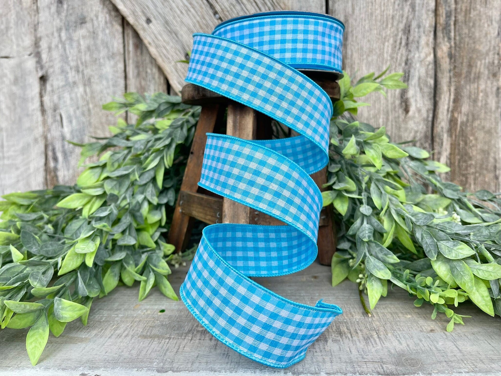 1.5" Turquoise Blue Gingham Ribbon, Farrisilk Ribbon, Turquoise Micro Checks Ribbon