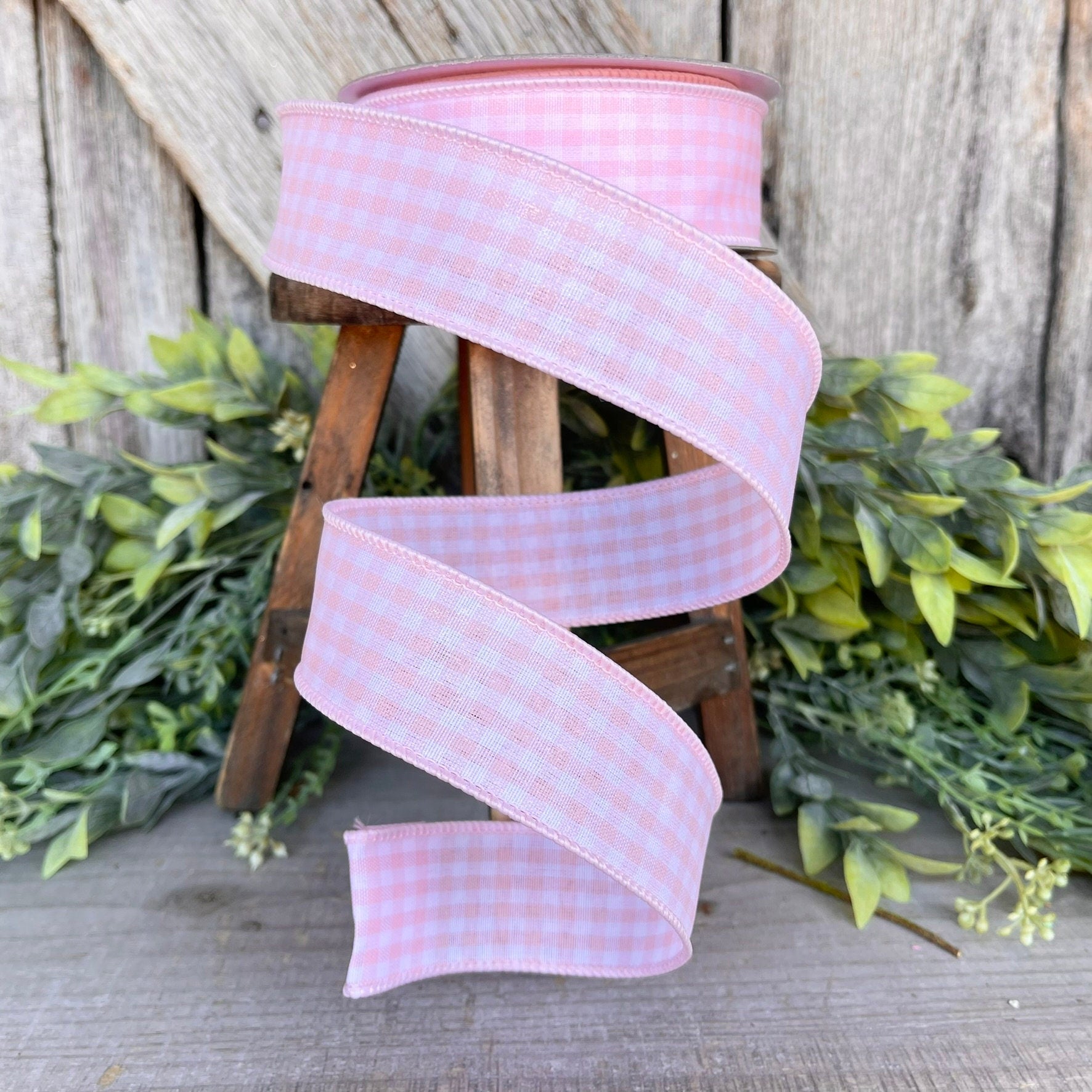 1.5" Light Pink Gingham Ribbon, Farrisilk Ribbon, Blush Pink Micro Checks Ribbon