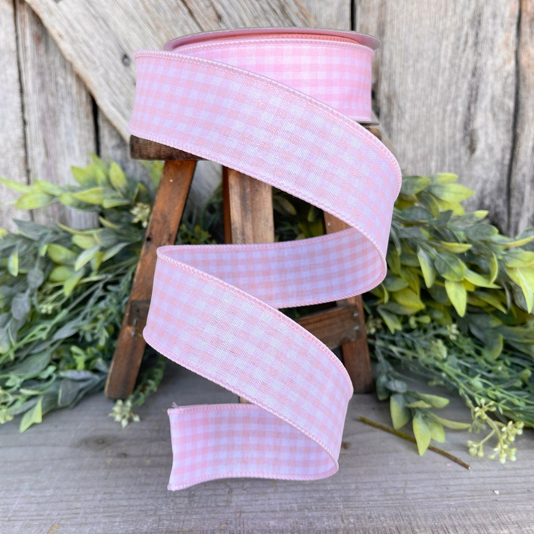 1.5" Light Pink Gingham Ribbon, Farrisilk Ribbon, Blush Pink Micro Checks Ribbon