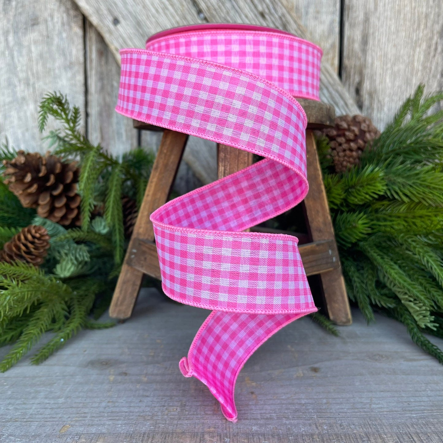 1.5" Bubblegum Pink Gingham Ribbon, Farrisilk Ribbon, Pink Micro Checks Ribbon