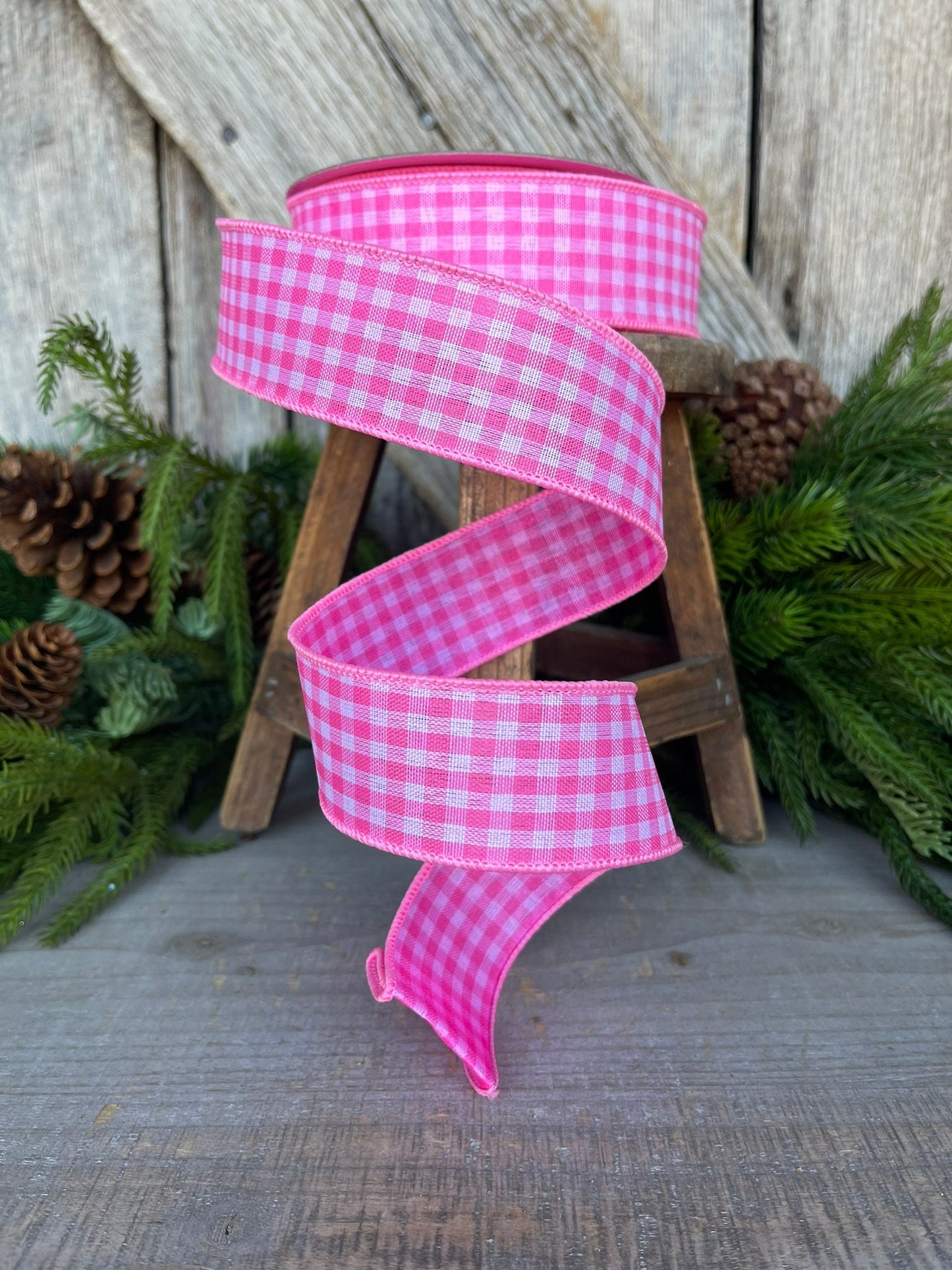 1.5" Bubblegum Pink Gingham Ribbon, Farrisilk Ribbon, Pink Micro Checks Ribbon