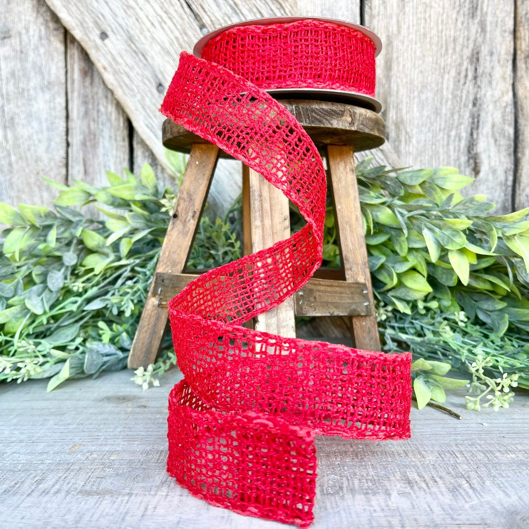 1.5" Red Vibrant Weave Ribbon, Farrisilk Ribbon, Red Burlap Ribbon