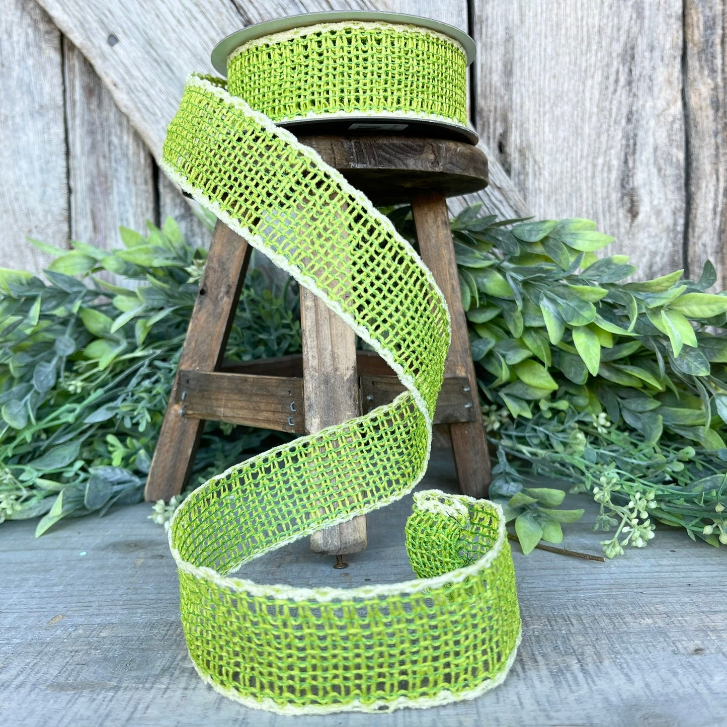 1.5" Lime Green Vibrant Weave Ribbon, Farrisilk Ribbon, Green Burlap Ribbon