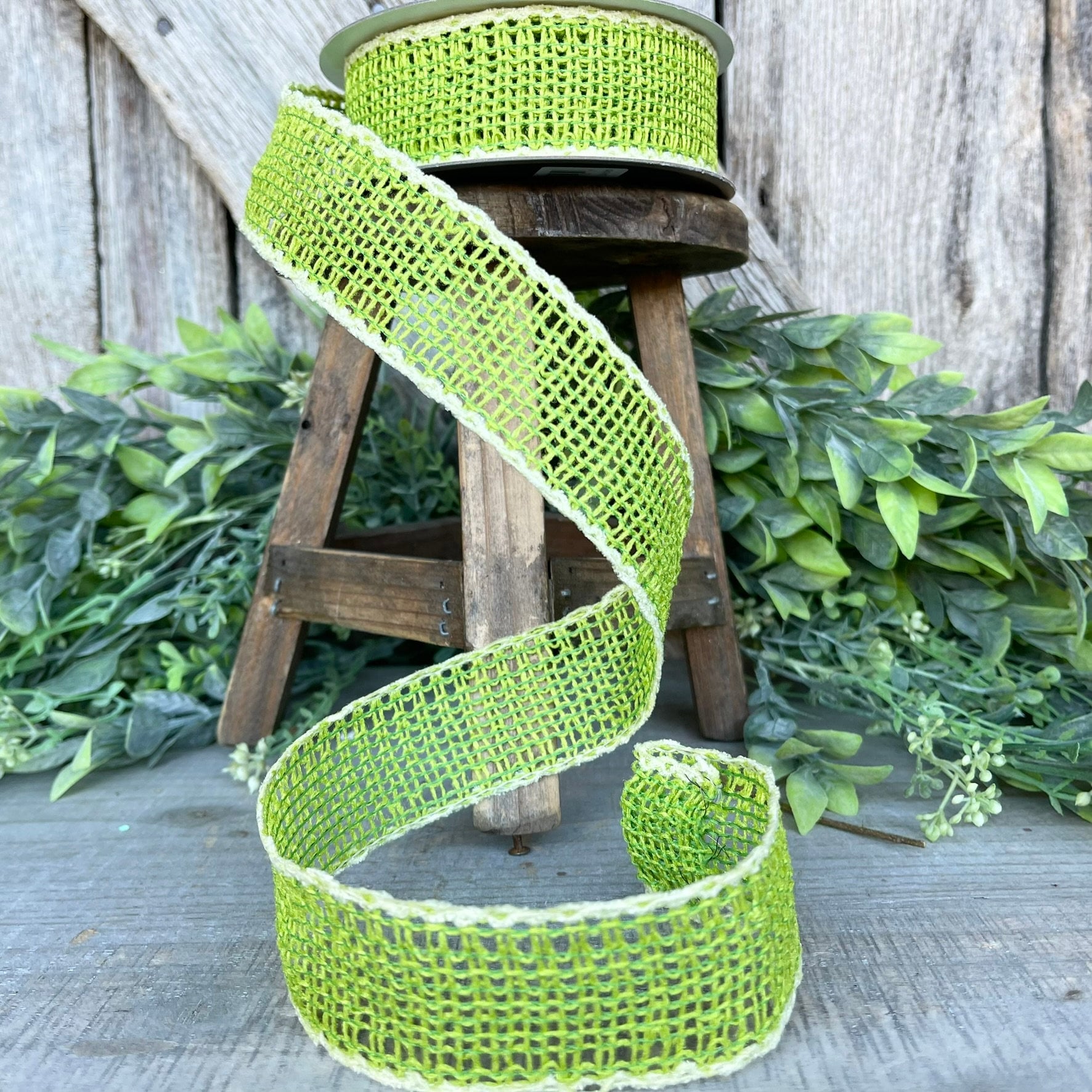 1.5" Lime Green Vibrant Weave Ribbon, Farrisilk Ribbon, Green Burlap Ribbon