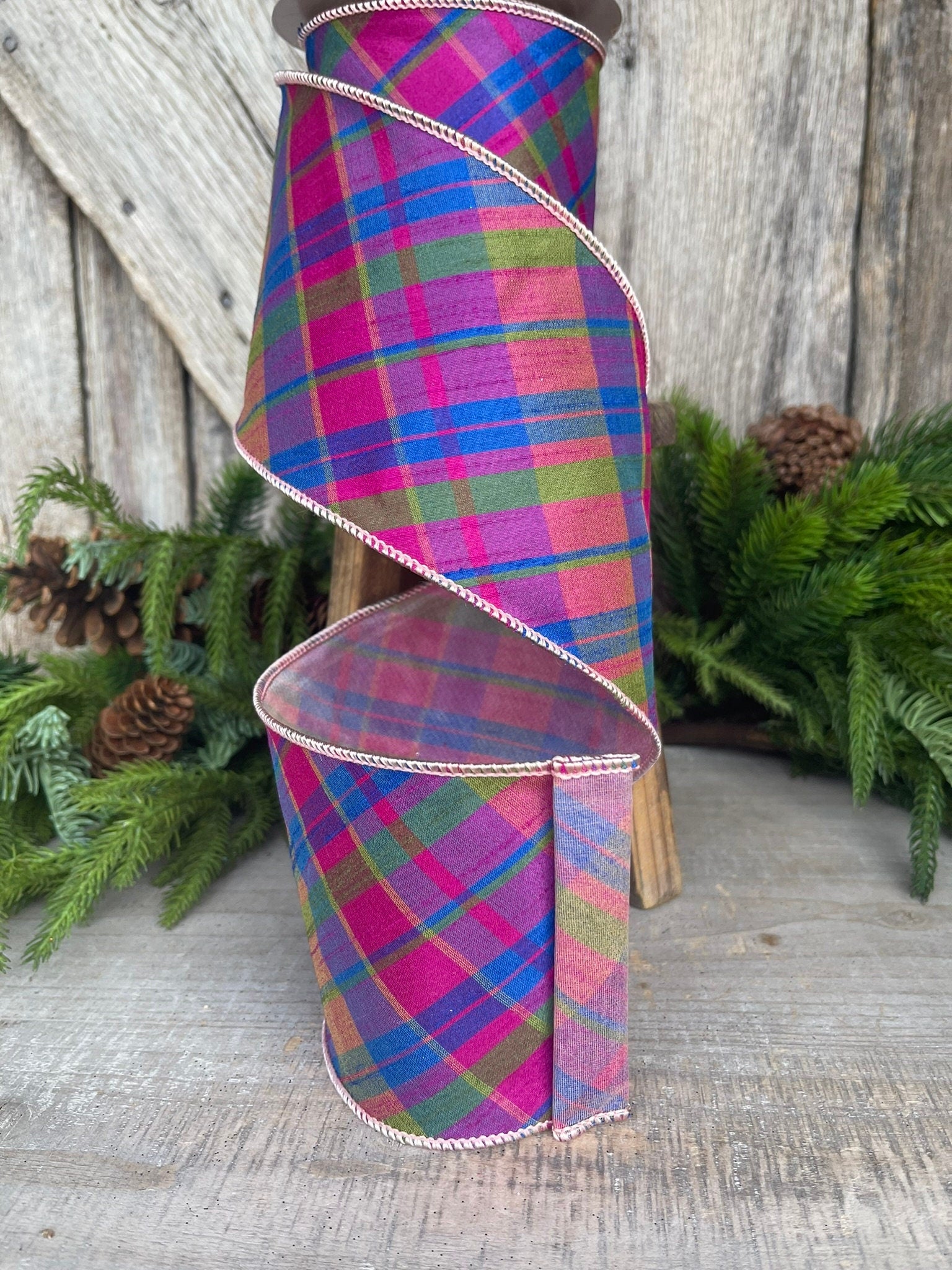 4" Magenta Plaid RIbbon, 5 yards, Purple Pink Plaid