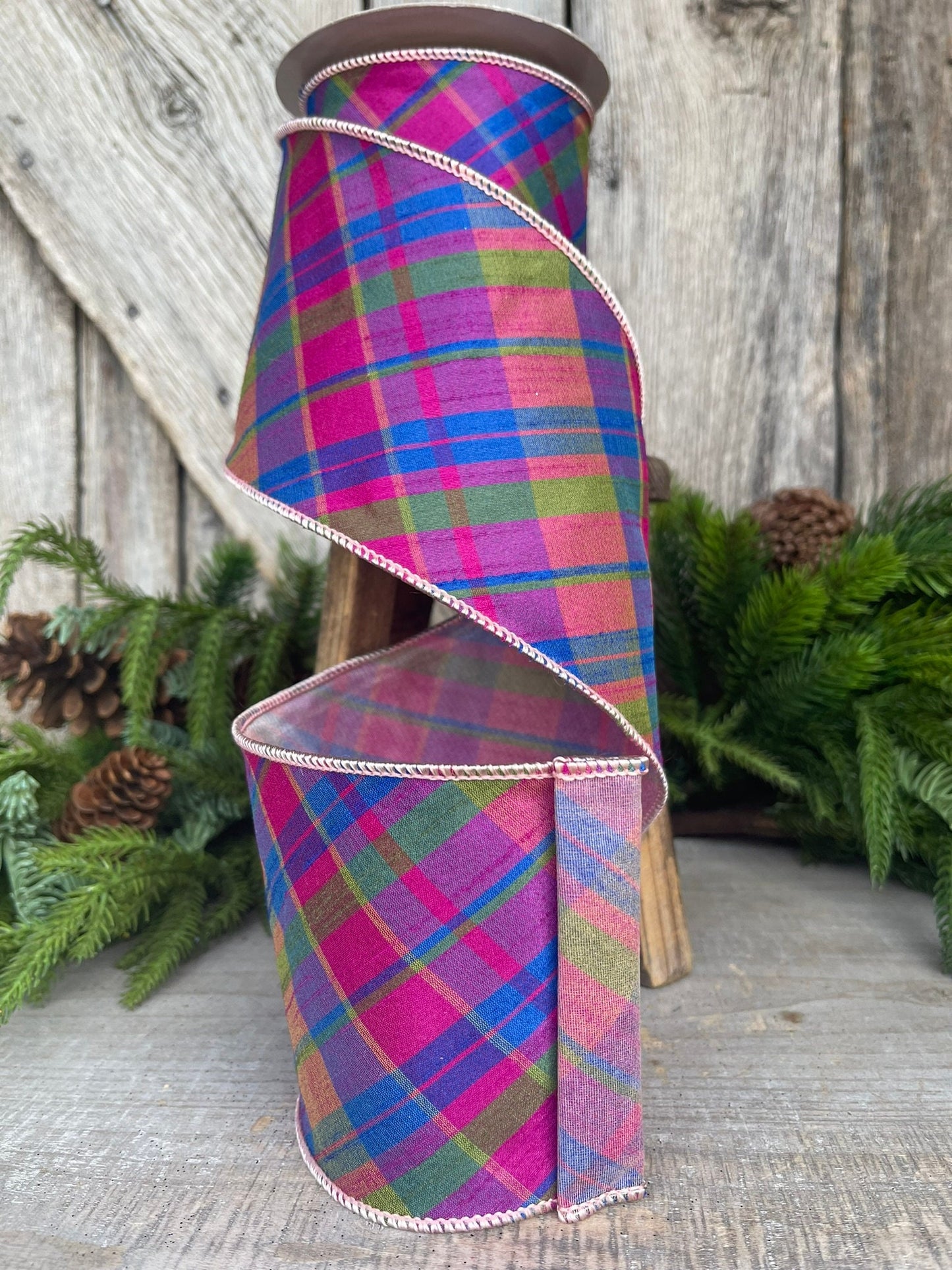 4" Magenta Plaid RIbbon, 5 yards, Purple Pink Plaid