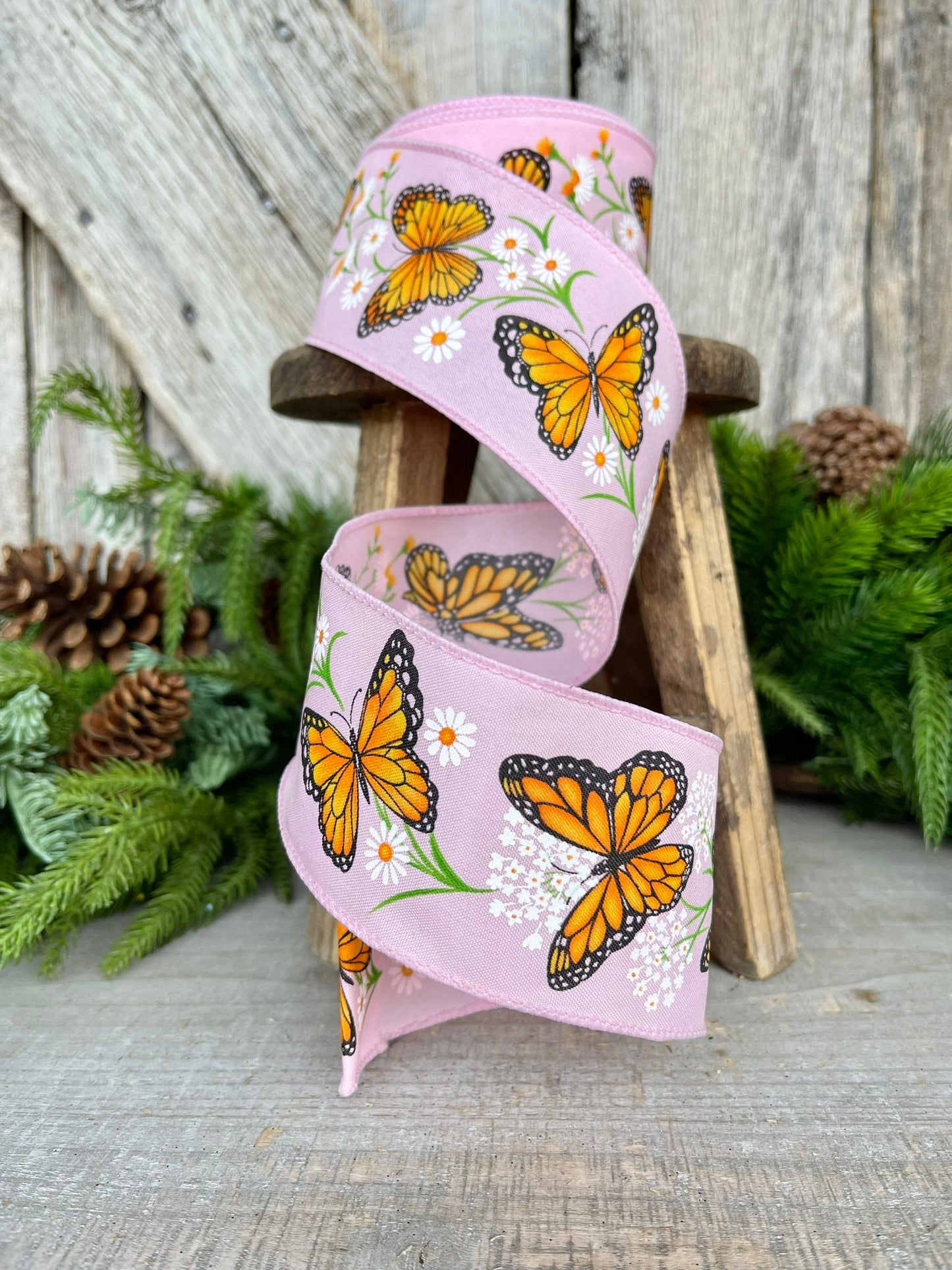 2.5" Pink Orange and Black Monarch Butterfly wired ribbon, Butterfly Ribbon, Wired Ribbon