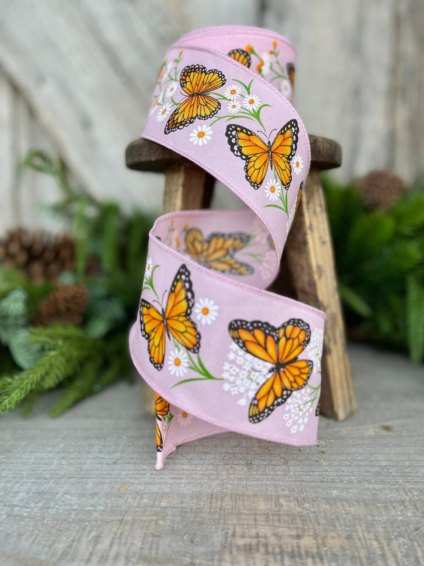 2.5" Pink Orange and Black Monarch Butterfly wired ribbon, Butterfly Ribbon, Wired Ribbon