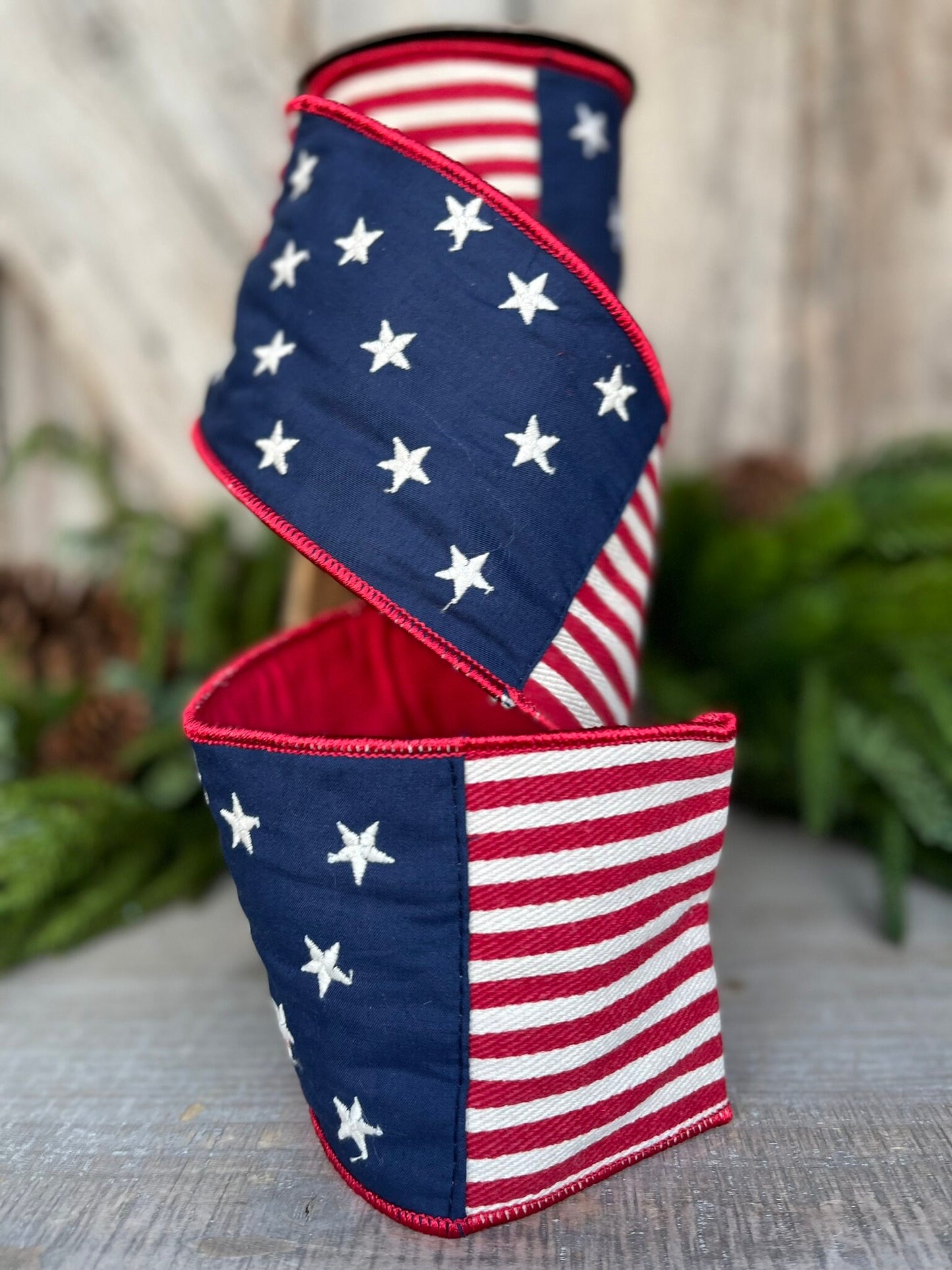 4" Patriotic Plaid Ribbon, D Stevens Ribbon, Stars Stripes Ribbon