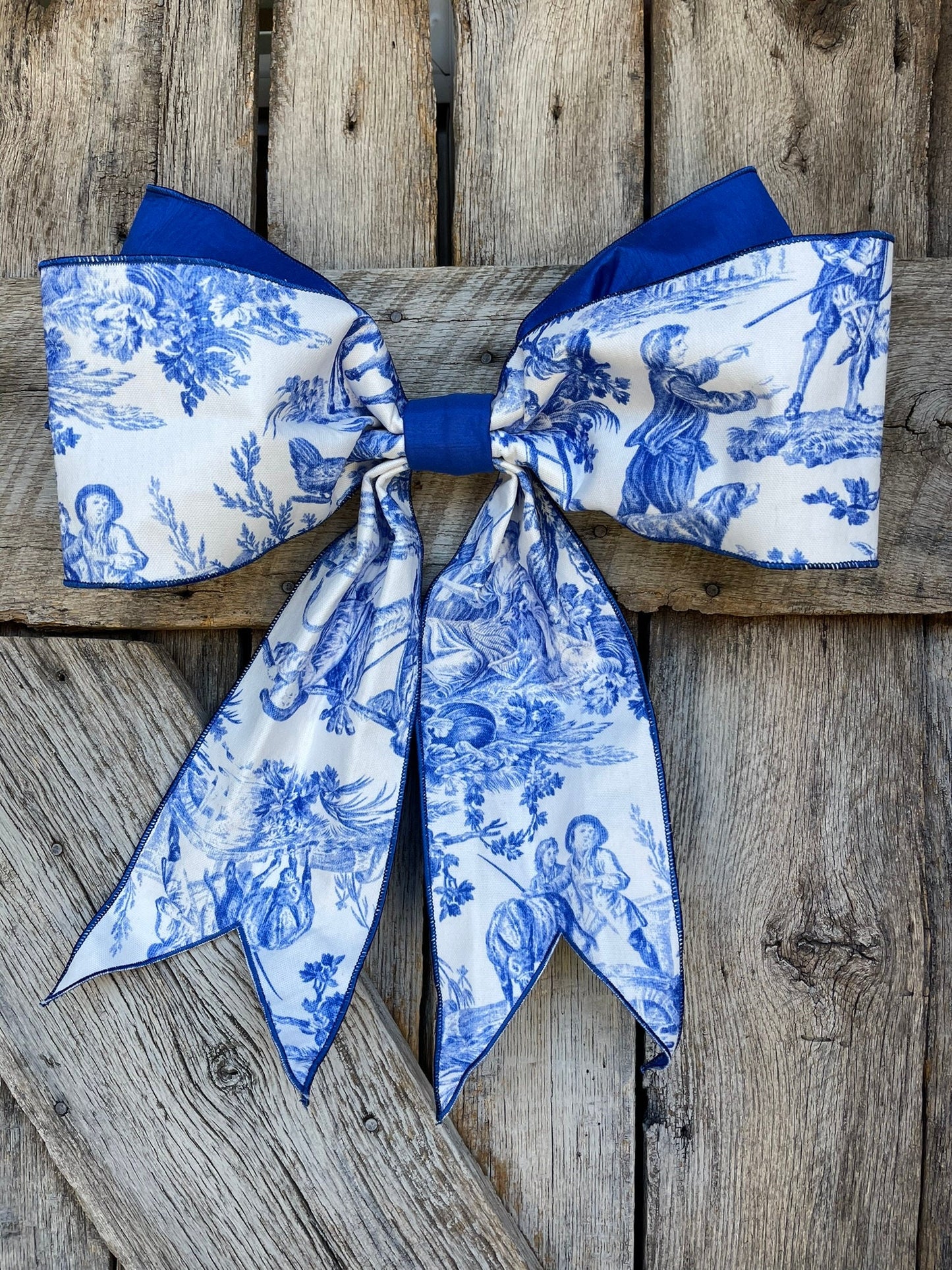 19” x 16“ Blue Chinoiserie Bow, Jumbo Blue and White Chinoiserie Ribbon, Wired RIbbon