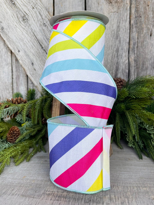 4" Rainbow Diagonal Stripe, Wired Ribbon