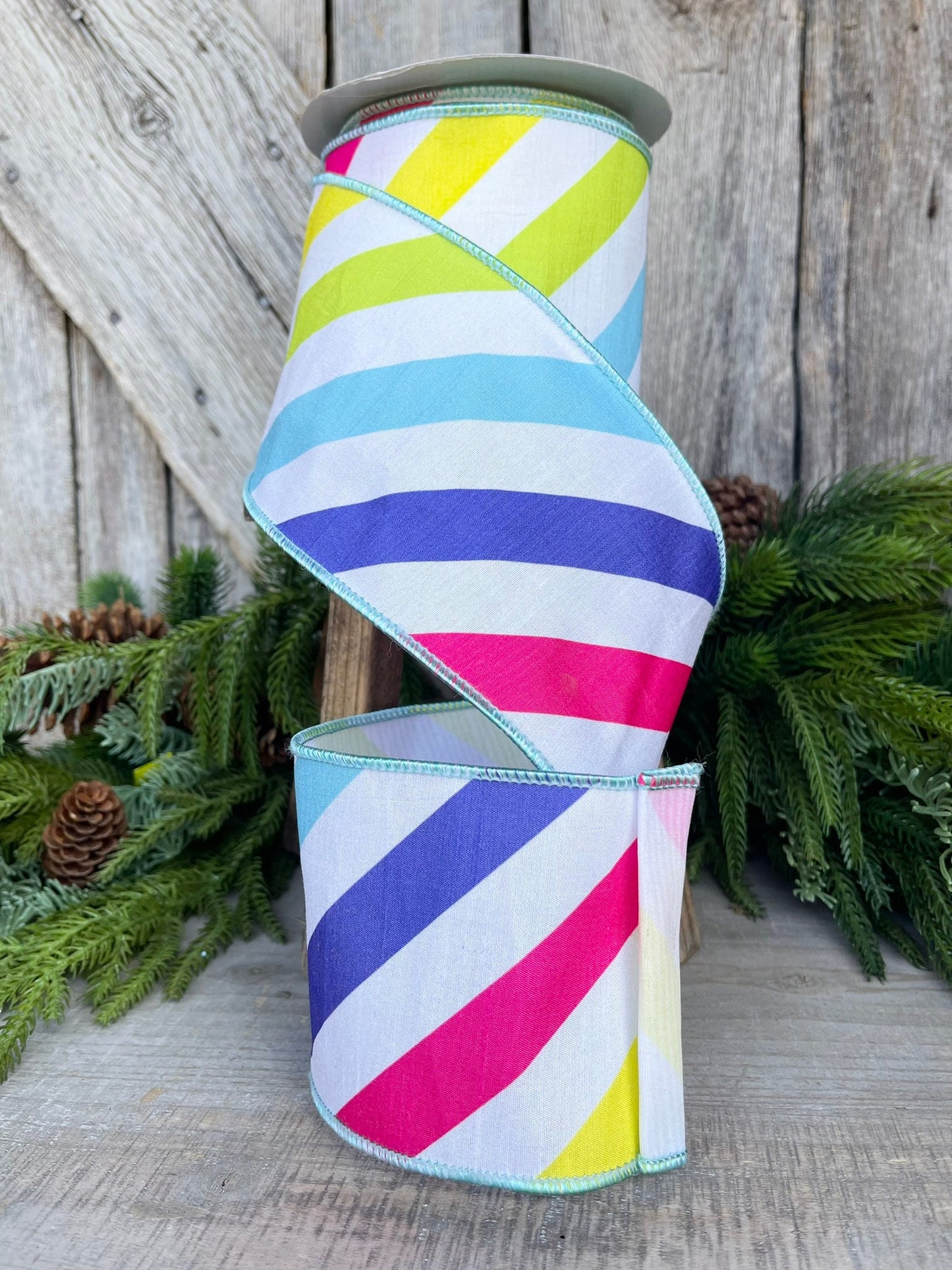 4" Rainbow Diagonal Stripe, Wired Ribbon, Summer Ribbon