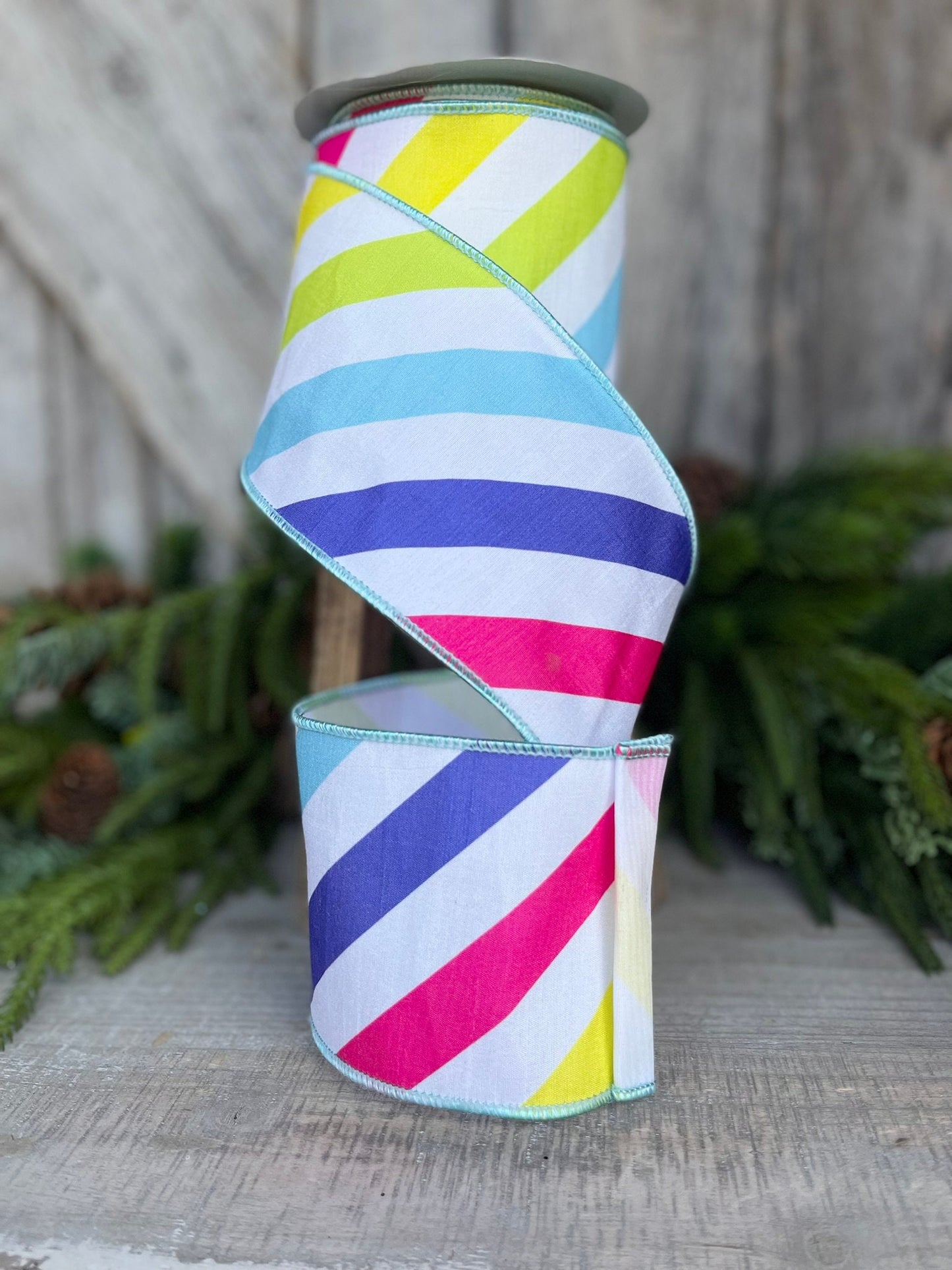 4" Rainbow Diagonal Stripe, Wired Ribbon, Summer Ribbon