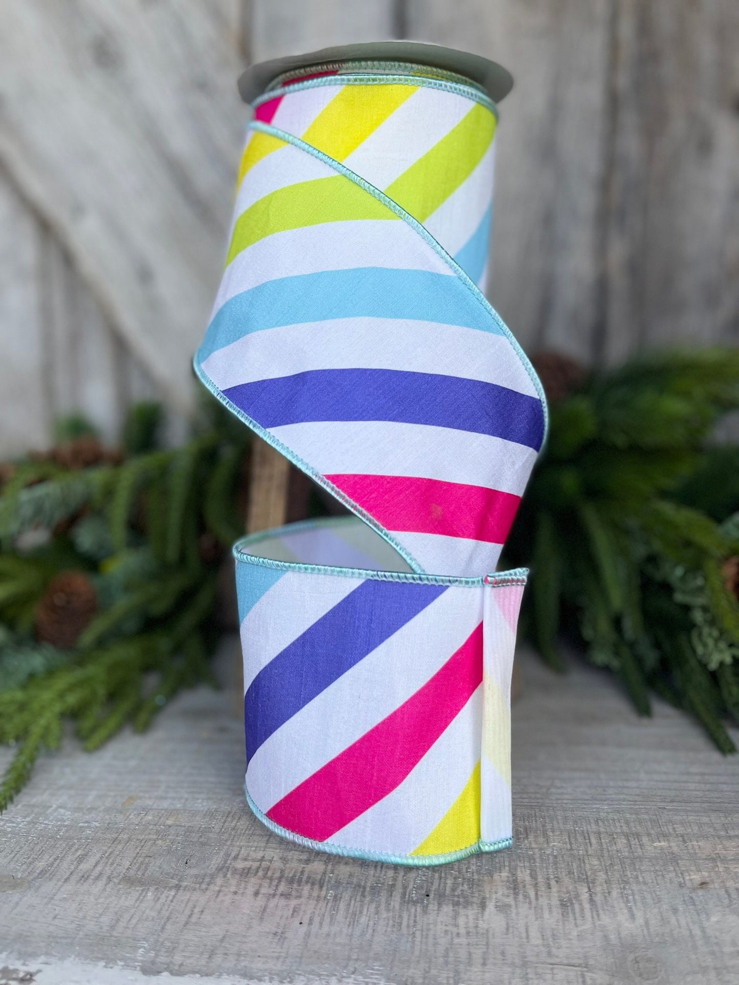 4" Rainbow Diagonal Stripe, Wired Ribbon, Summer Ribbon