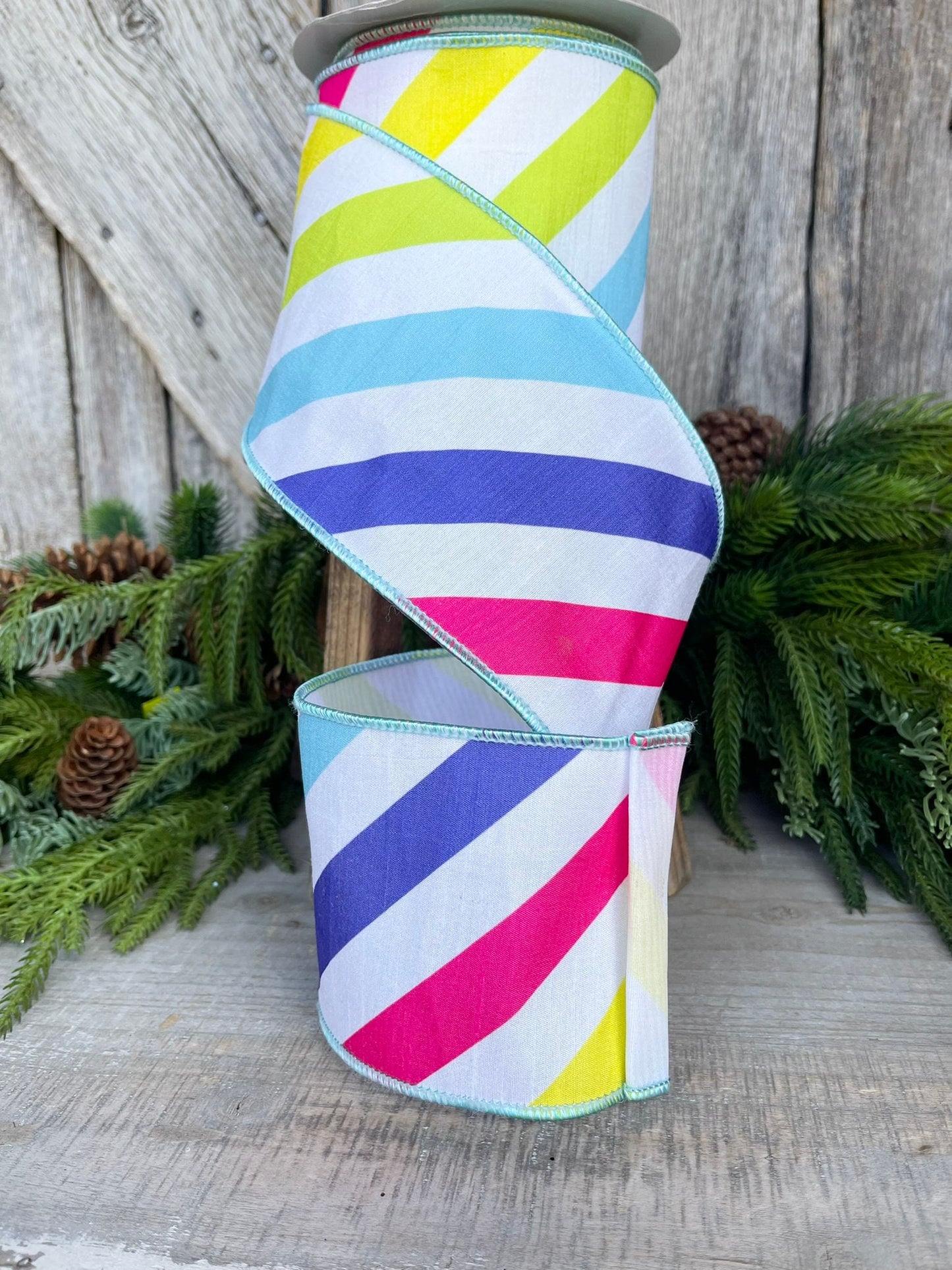 4" Rainbow Diagonal Stripe, Wired Ribbon, Summer Ribbon