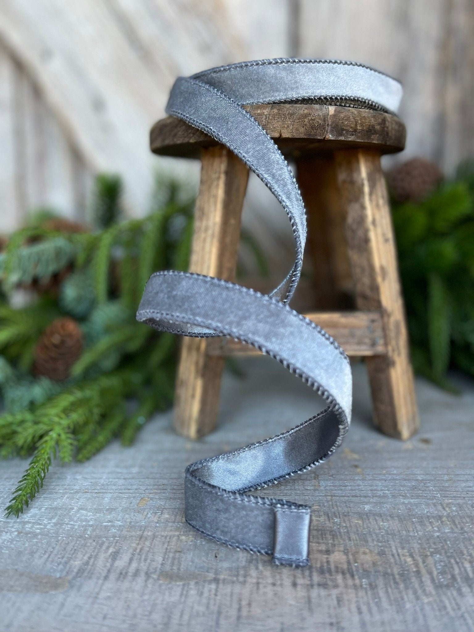 7/8" Gray Wired Ribbon, Velvet Ribbon, Gray Velvet Ribbon