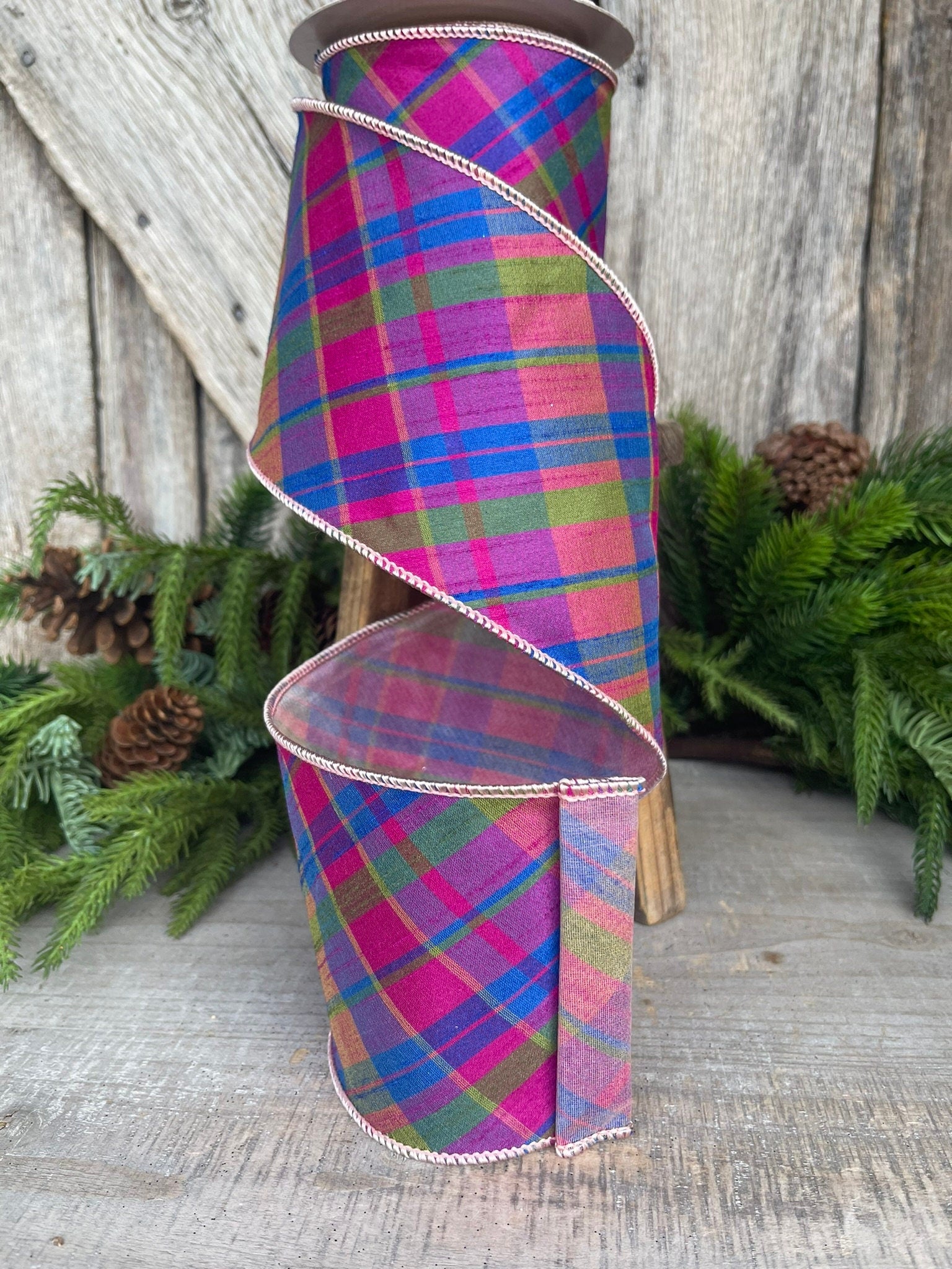 4" Magenta Plaid RIbbon, 5 yards, Purple Pink Plaid