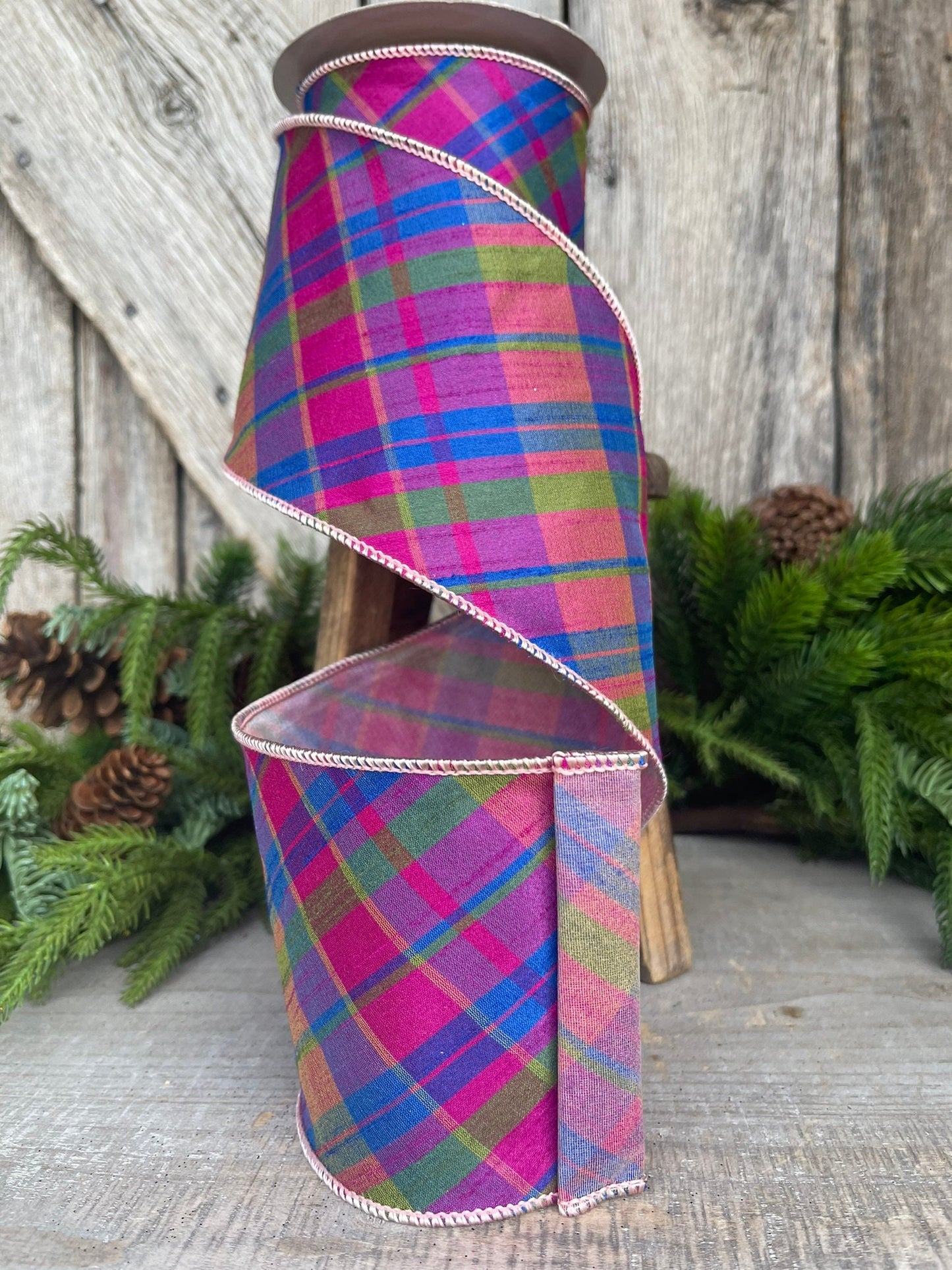 4" Magenta Plaid RIbbon, 5 yards, Purple Pink Plaid