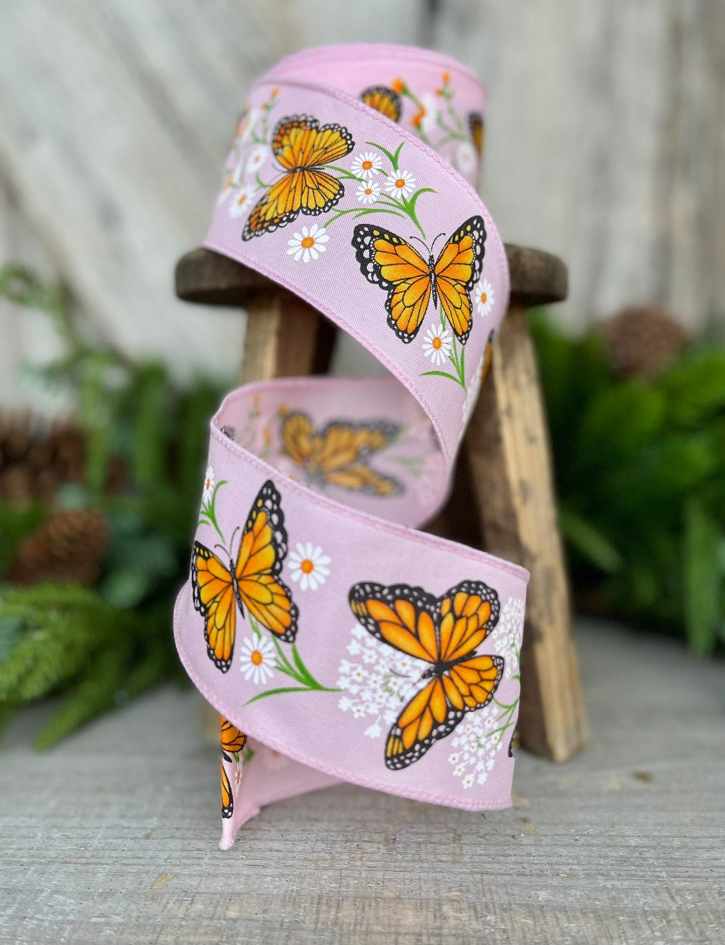 2.5" Pink Orange and Black Monarch Butterfly wired ribbon, Butterfly Ribbon, Wired Ribbon