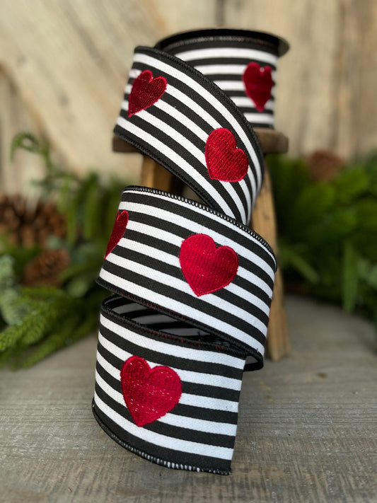 2.5" Valentine's Ribbon, 5 YARDS, Black and White striped ribbon