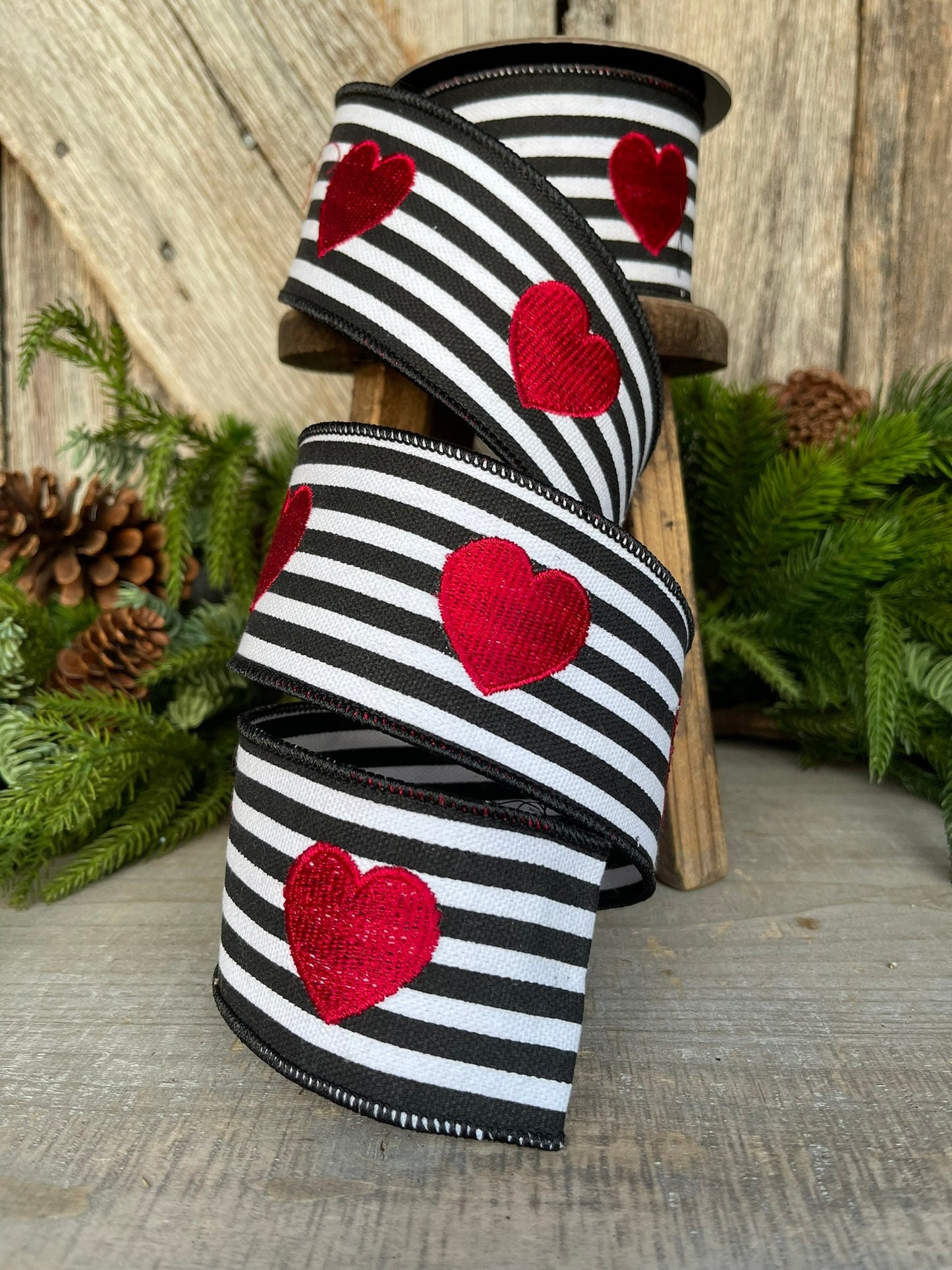 2.5" Valentine's Ribbon, 5 YARDS, Black and White striped ribbon