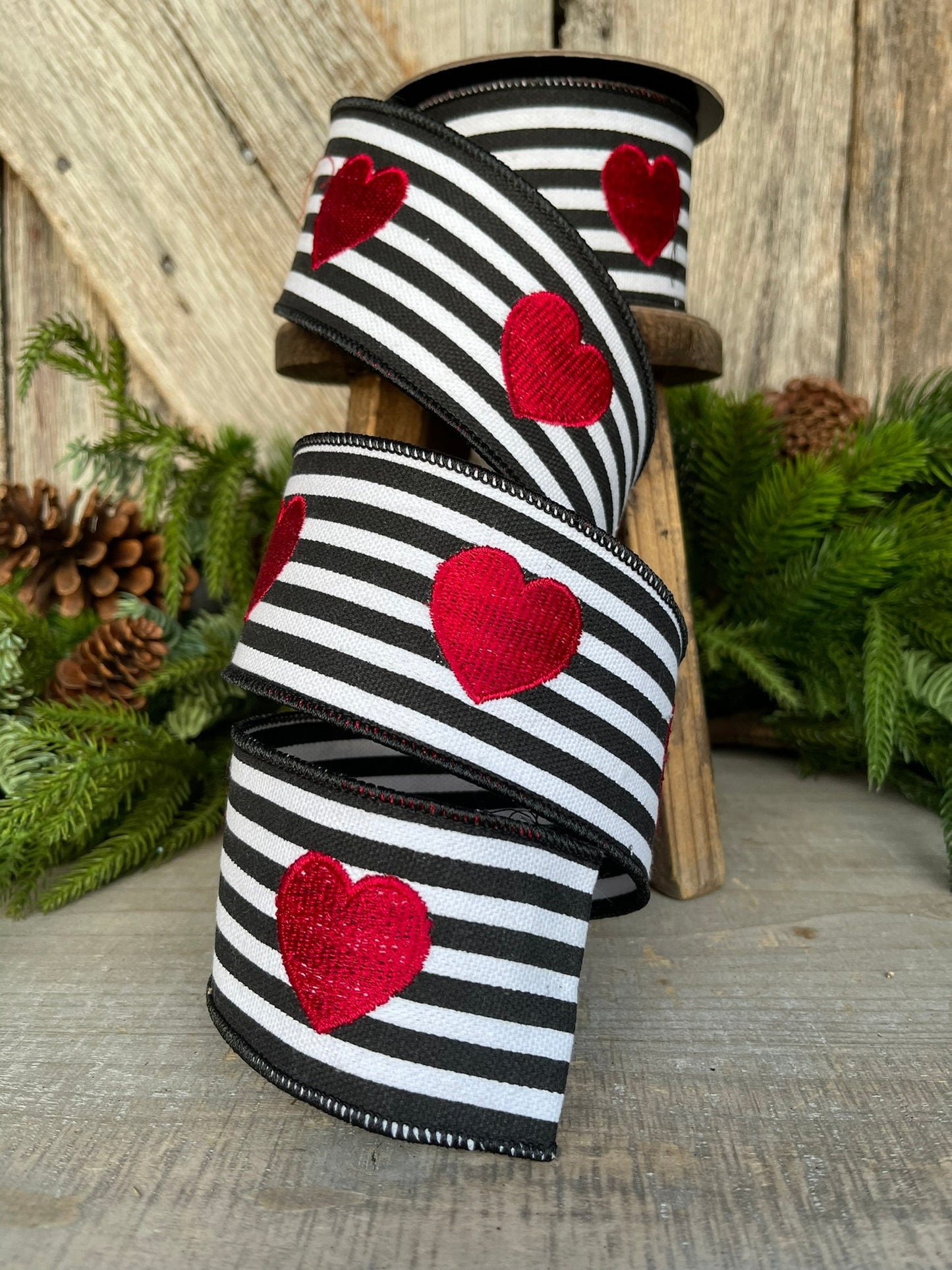 2.5" Valentine's Ribbon, 5 YARDS, Black and White striped ribbon